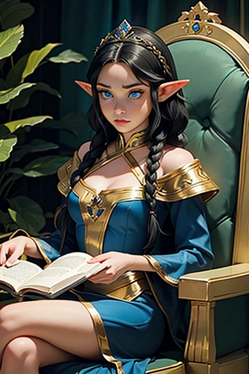 Artwork, best quality, 1 female elf, 1 woman, long black hair in braids, royal tiara on her head, (Elf Queen), blue eyes, huge bust (exaggerated), looking at the viewer, look of disapproval, royal hall , Alone, Beautiful 25 year old elf wearing queen's attire, sitting in an armchair reading a book, expressive scene