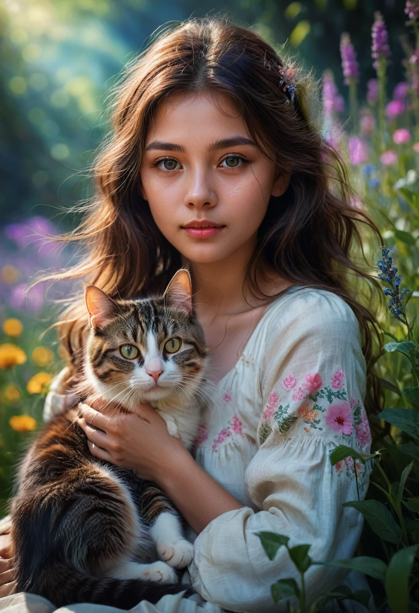 Girl with Cat, a beautiful girl with a cat, girl with a cute cat, girl petting a cat, girl in a flowery meadow with a cat, girl in a dreamy landscape with a cat, girl in a fantasy forest with a cat, photorealistic portrait of a girl and her cat, highly detailed digital painting of a girl and her feline companion, girl cuddling a cat in a serene natural setting, girl playing with a cat in a whimsical outdoor scene, (best quality,4k,8k,highres,masterpiece:1.2),ultra-detailed,(realistic,photorealistic,photo-realistic:1.37),vivid colors,intricate details,natural lighting,warm color palette,soft focus,beautiful detailed eyes,beautiful detailed lips,extremely detailed eyes and face,longeyelashes,1girl,cat,flower field,fantasy landscape,vibrant colors,depth of field,cinematic lighting