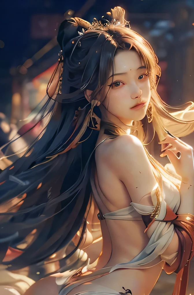 (RAW photo, Best quality), (Realistic, photo-realistic:1.3), Best quality, Highly detailed, Masterpiece, Ultra-detailed, illustration, 1 Girl, The upper part of the body_Body, Dynamic Angle, world mastery theater, Messy_Long_Hair,Best quality, Extremely detailed CG Unity 8K wallpaper,ink,astounding,Movie Lighting,lens_flare,dunhuang_Style,scantily clad,4K Ultra Clear,Delicate details,Bright light, (naked body:1), (random sexy pose), (naked ass), (perfect hands), (perfect fingers)