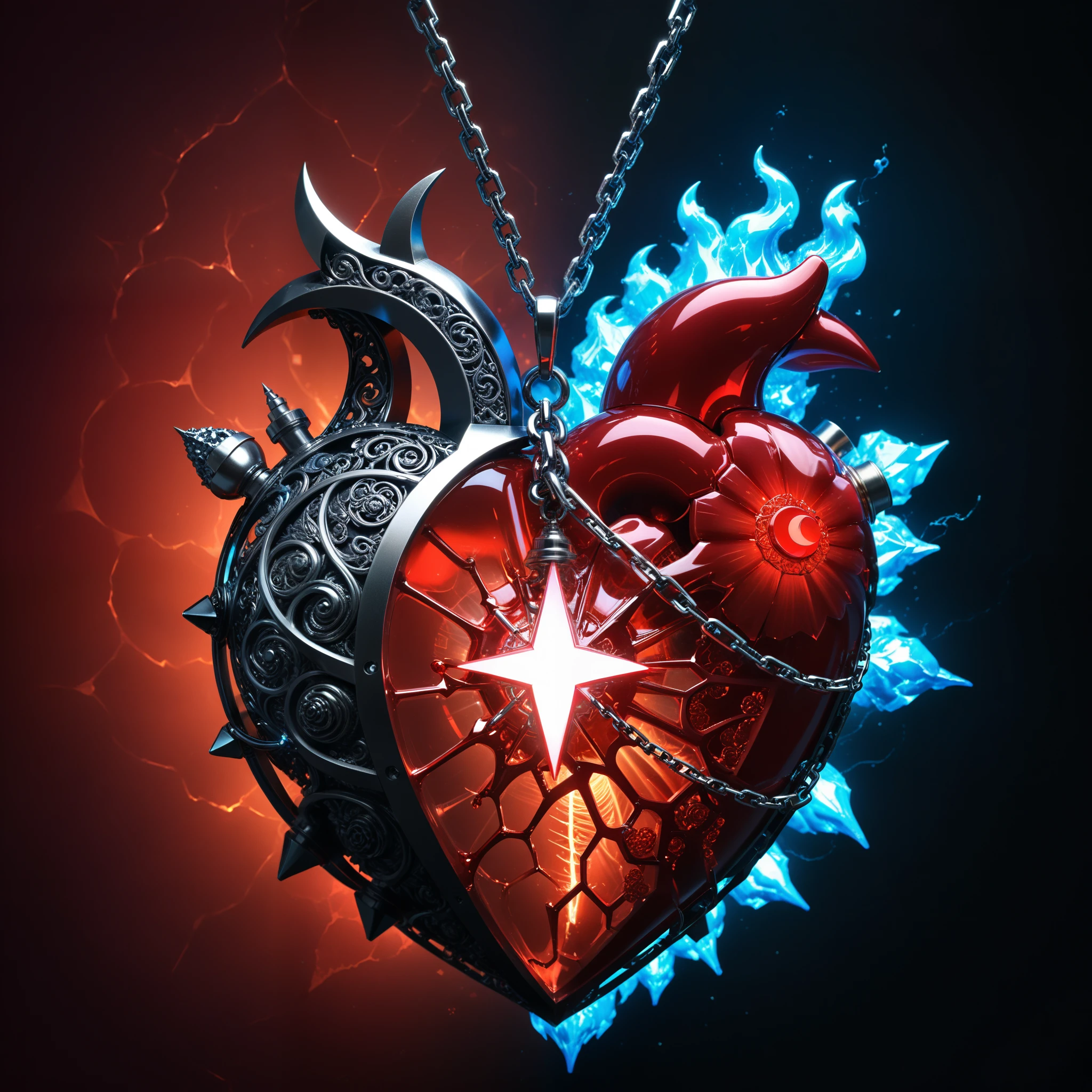 in style of John Bauer,(in style of by Liu Ye:0.9),
conceptual design of the transparent glass human heart (organ),(a glowing glass heart (organ) entangle in a metal chain and lightning bolt:1.3),(hard ultra-polyhedra polygonal heart \(organ\) sculpturecloseup:1.4),(Rose Quartz:1.3),(blue fire draws lines:1.6),(Chemiluminescence:1.2),
(the red crescent moon background:1.6),sharp,sharp image,(insanely detailed and intricate, hypermaximalist, elegant, ornate, hyper realistic, super detailed:1.1),extremely detailed,Amazing resolution,8k,Ray Tracing,masterpiece,Particle Effects,Beautiful Effects,
BREAK
(darkness:1.4),(extreme shadows:1.4),(Best Shadow:1.4),dark atmosphere,