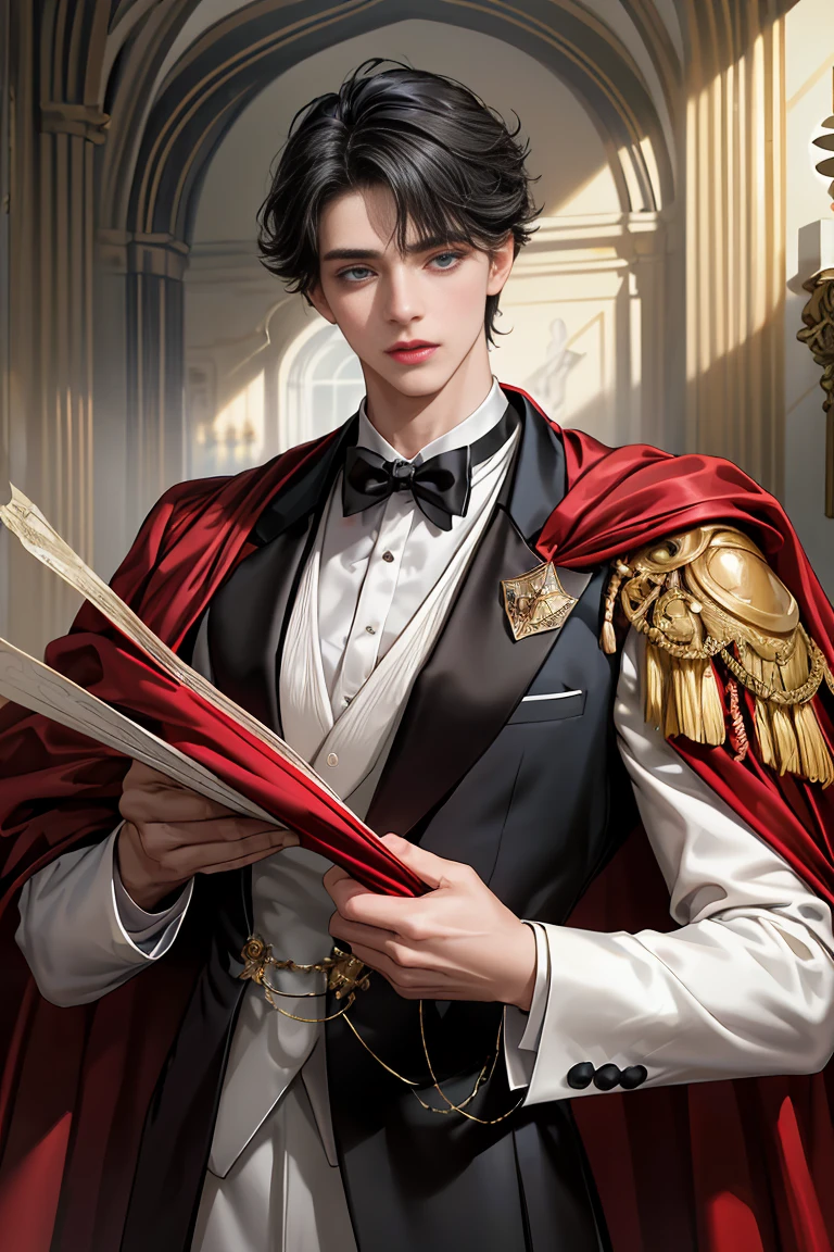 
masterpiece, 最high quality, high quality, 1 boy, alone, Male focus, Watching the audience,  Messy black hair, Adorable big blue eyes, White, Noble, Noble, Tuxedo、A very voluminous, large, very large, very large, long, long red and black cape made with a lot of fabric that reaches down to the floor, with a stand-up collar that is higher than the face., 17 years old,Cute beautiful boys,Cute, cute, kind, handsome guy