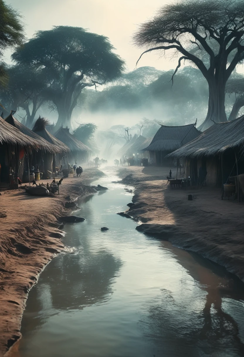 Super detailed,Surreal African scene,Evil spirits appear over the village river,Distance viewing angle