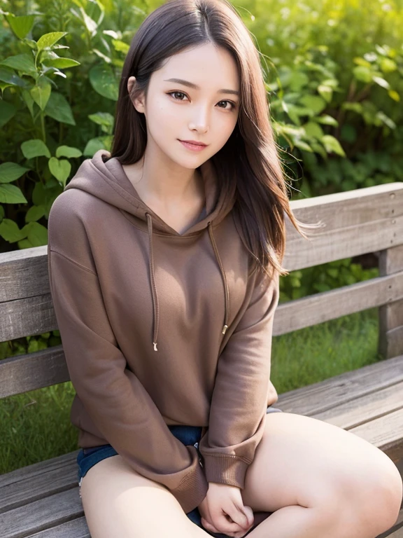 masterpiece, highest quality, High resolution,alone,Brown,artistic,Best lighting,casual,Flat Chest,Beautiful Face,expensive,smile,light makeup,Age 24,Calm woman,Detailed Hair,Laughing woman,Face Focus,Forehead,clavicle,Woman sitting cross-legged on a bench,Woman wearing a hoodie