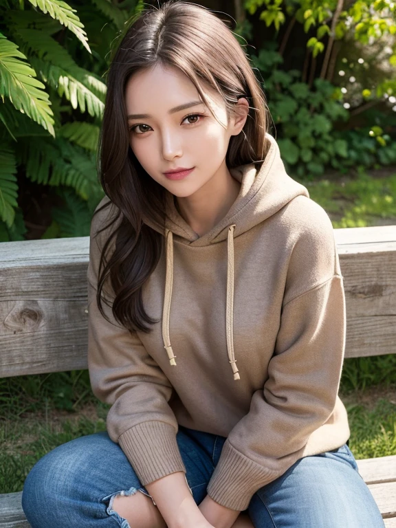 masterpiece, highest quality, High resolution,alone,Brown,artistic,Best lighting,casual,Flat Chest,Beautiful Face,expensive,smile,light makeup,Age 24,Calm woman,Detailed Hair,Laughing woman,Face Focus,Forehead,clavicle,Woman sitting cross-legged on a bench,Woman wearing a hoodie