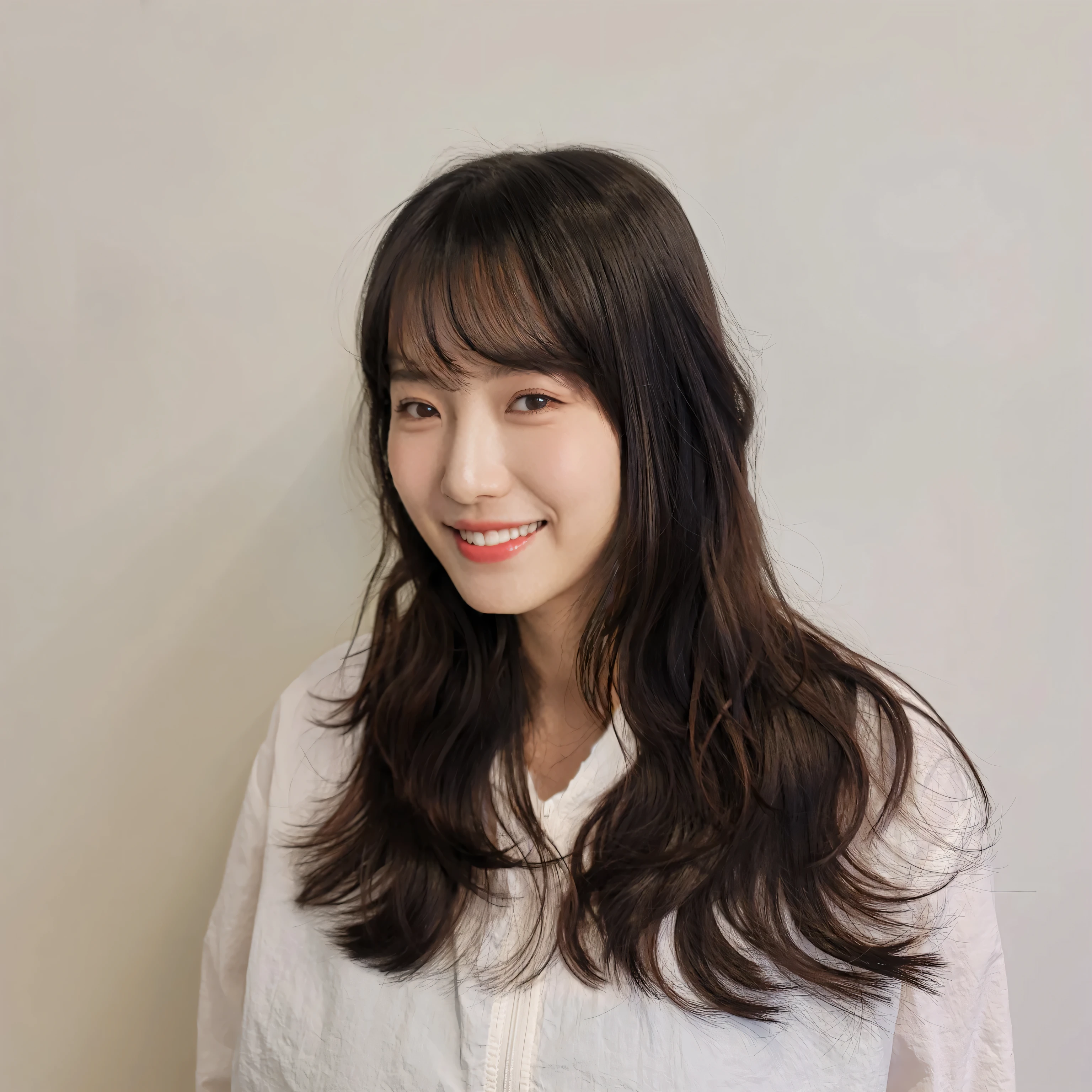Best Quality, 8k, Masterpiece, (Portrait: 1.3), (photo realistic:1.4), (hyper realistic:1.4), Sharp Focus, looking at viewer, (smoother lighting:1.1), (increase cinematic lighting quality:0.9), realistic lighting, backlighting, light on face, ray trace, (brightening light:1.2), (Increase quality:1.4), sharp detail, (best quality real texture skin:1.4), finely detailed eyes, black_eyes, finely detailed face, 25 year old Korean woman,smiling_face (white formal_shirt:1.4), (Create an image maintaining the orig...