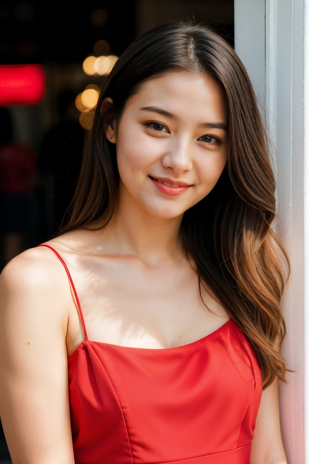 RAW photo, face portrait photo of beautiful 26 y.o woman, cute face, wearing red dress, happy face, hard shadows, cinematic shot, dramatic lighting
