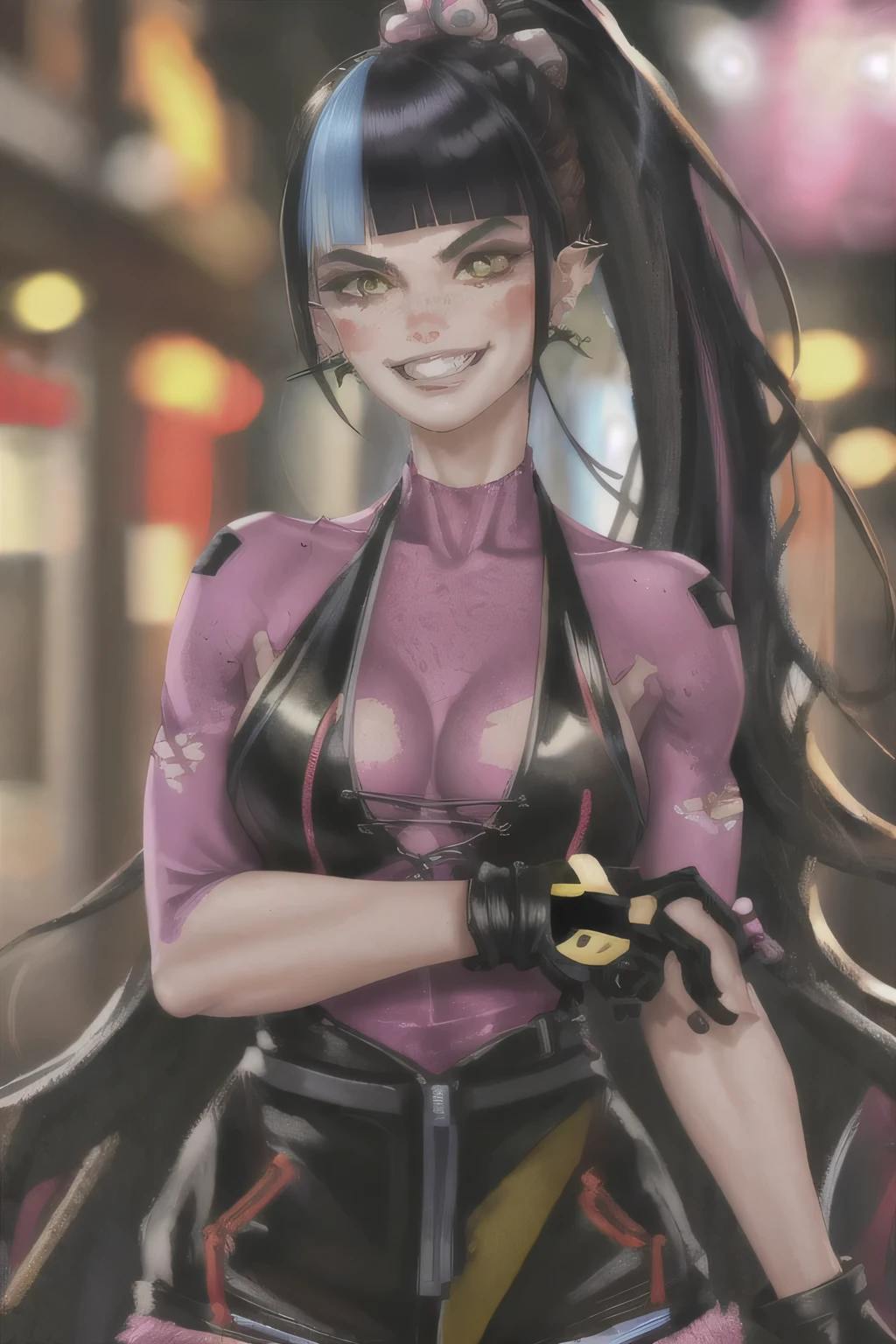 punchline, 1girl, solo, long hair, breasts, looking at viewer, smile, bangs, black hair, gloves, holding, blue hair, upper body, hair ornament, ponytail, multicolored hair, teeth, black gloves, blunt bangs, grin, two-tone hair, streaked hair, piercing, freckles, black lips, blush stickers, evil grin, 3D, render, abs muscle,