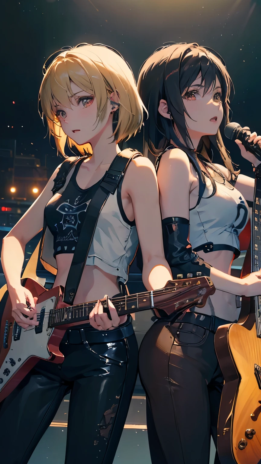 (detailed face), high details, high quality, best quality, masterpiece, Ultra-realism, Detailed and clear depiction, ((Two guitarists playing back to back at a live venue)), Electric guitar, rock band, colorful lights, enthusiasm, (Black hair, long hair, tank top, leather pants), (Blonde, short hair, frayed denim jacket, T-shirt)