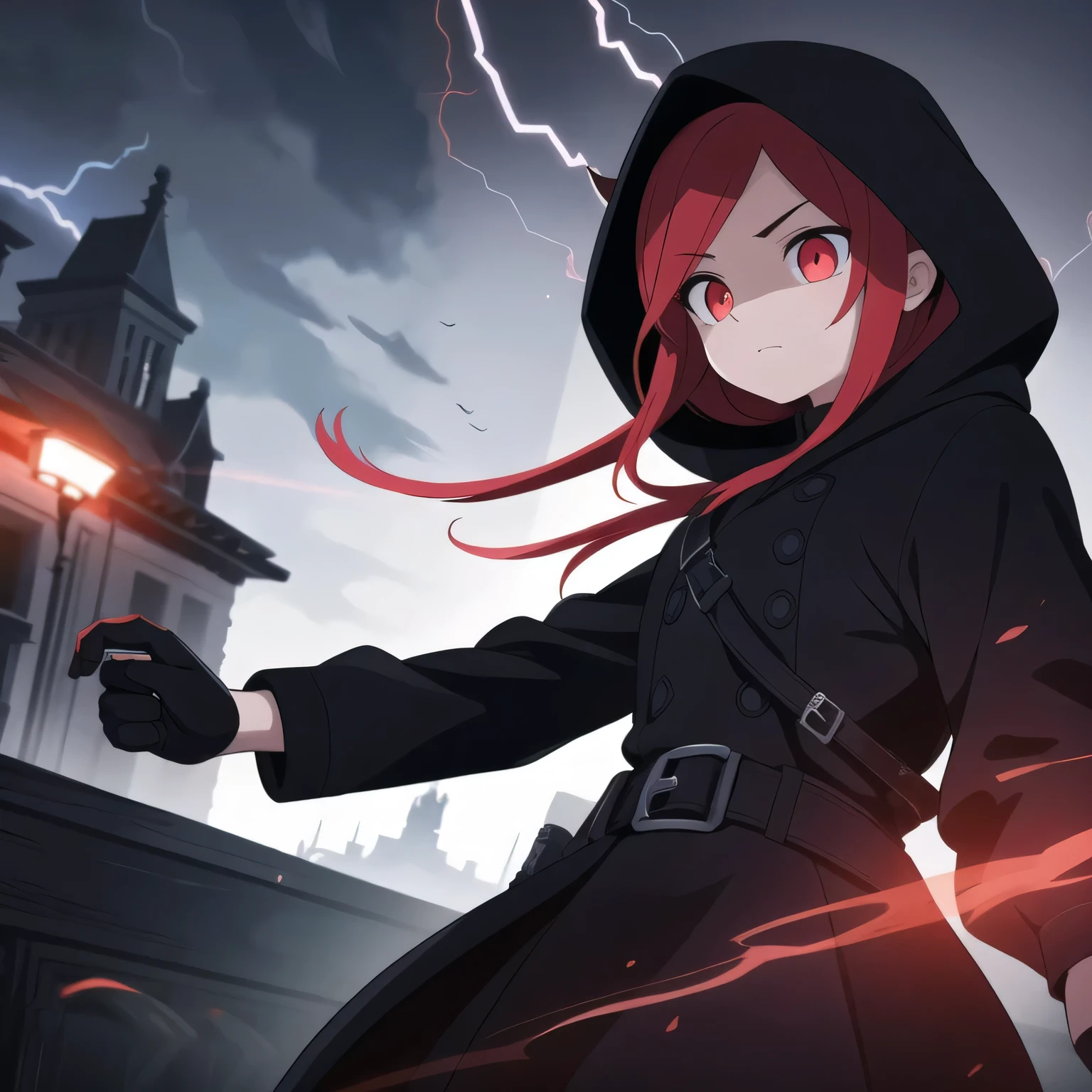 Best quality, realistic, a girl with red hair and detailed eyes and face, lightning bolts around, red glowing eyes, wearing a black dress, with a black overcoat, and a person with a black hood over their head. The scene depicts a huntress inspired by the style of Van Helsing. The background is a dark, mysterious setting with dimly lit streets and fog. The colors are rich and vibrant, with a dark and moody color palette. The lighting is dramatic, casting long shadows and highlighting the girl's determined expression. The overall image should have a cinematic and thrilling atmosphere, capturing the essence of a fierce and skilled huntress in action.