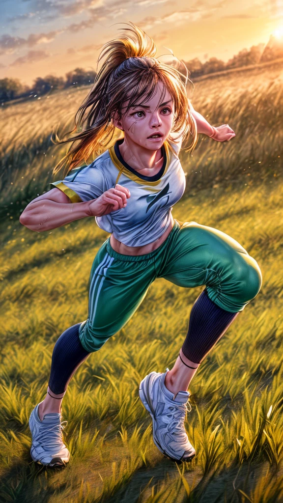 a girl running in a field, athletic outfit, sports, (best quality,4k,8k,highres,masterpiece:1.2),ultra-detailed,(realistic,photorealistic,photo-realistic:1.37),HDR,UHD,studio lighting,ultra-fine painting,sharp focus,physically-based rendering,extreme detail description,professional,vivid colors,bokeh,landscape,dynamic pose,motion blur,sunlight,golden hour