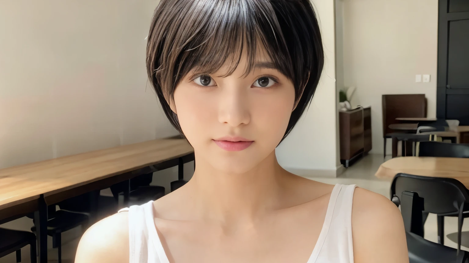 Black sleeveless shirt、Tabletop、(White-walled cafe interior)、Photographed inside the cafe、avert your eyes、((highest quality、8k、masterpiece:1.3))、Ultra-high resolution、(photoGenuineistic:1.4)、RAW Photos、23 year old female、Japanese,(face)、Genuine、Photographed in natural light、Highly detailed face and skin texture、Highly detailed lips、The correct state of the human body、Pixie Cut Hair、Shortcuts、Brand Hair、Black Hair、Pixie Hair、Natural color lip、Fluffy hair