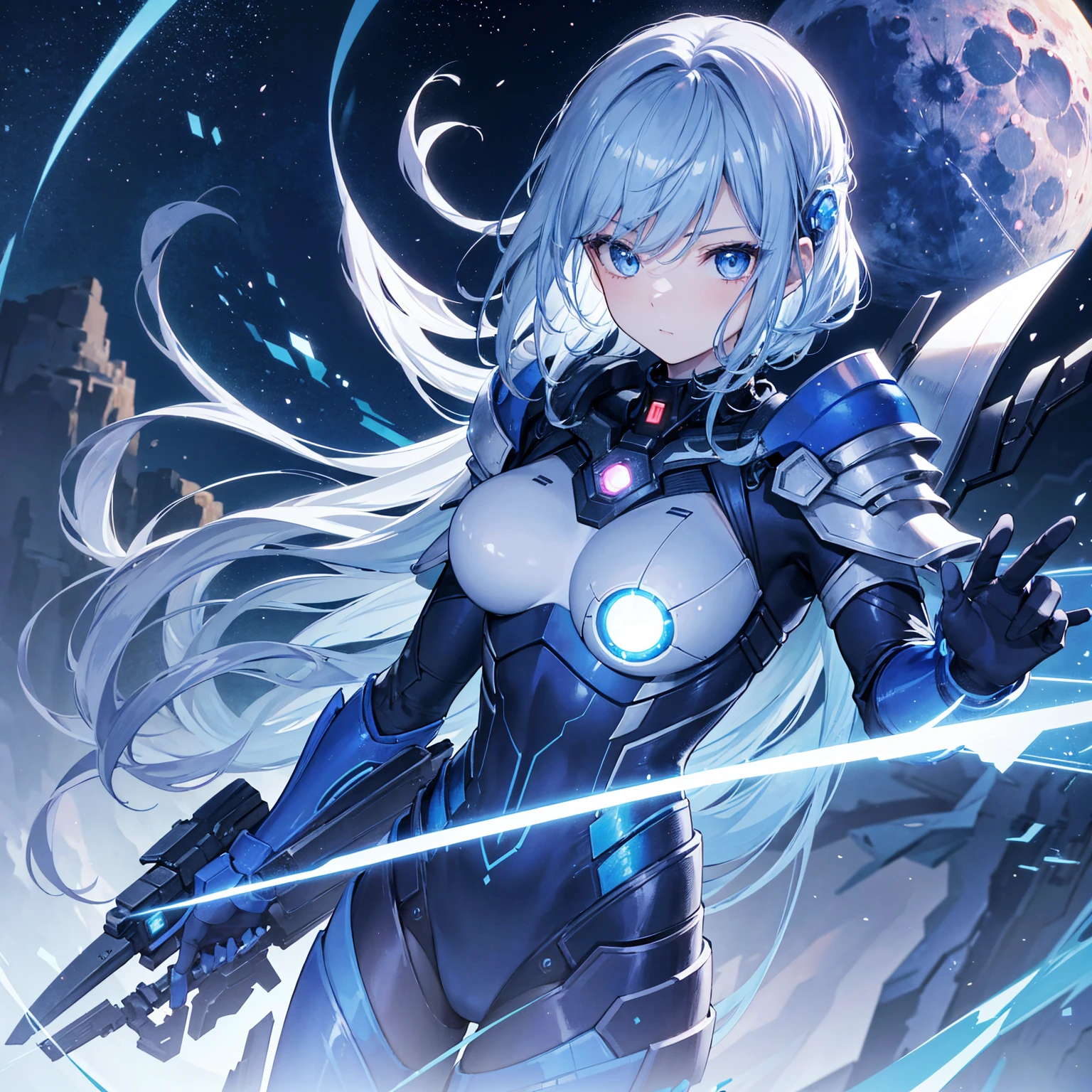 1 teen girl wear a Hydro Dragon Armor, Water Elemental, Cyber France Background, Blue Aqua Aura Body, Archon Power, White hair with sky fade Hair, Dark Blue Eye, Perfect Body, Holding Water Dragon Sword, Sad mood, very detailed, Fighting stance, Genshin Impact Style, detailed eyes, detailed face, Anime Art, Anime Style, Anime.