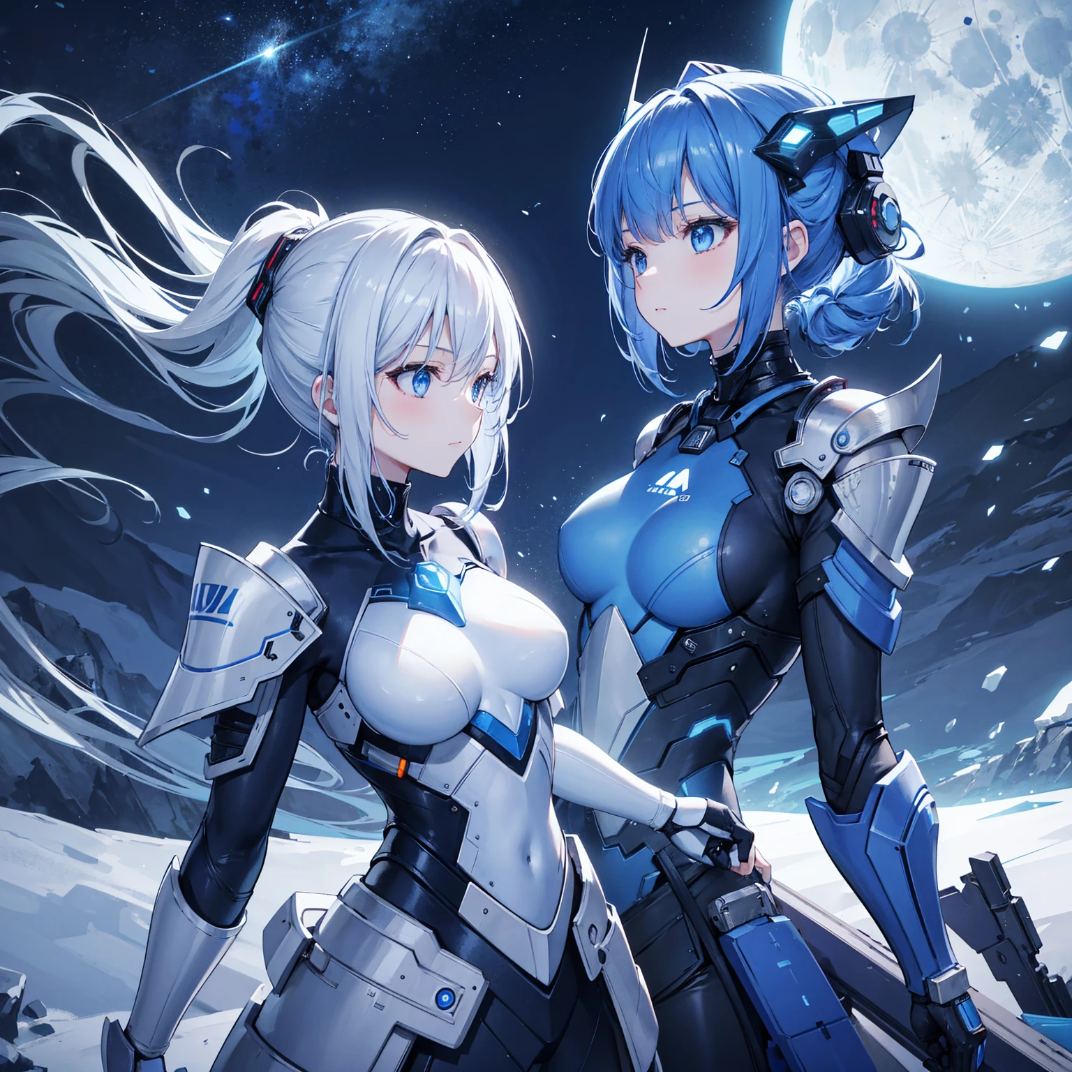 8k, highest quality, (real:1.4), Original photo, 1 girl, Asari Hair, Biological Amplifier, refined armor, posture: Peace talks between warring factions, smart blue eyes,Big moon in the background
