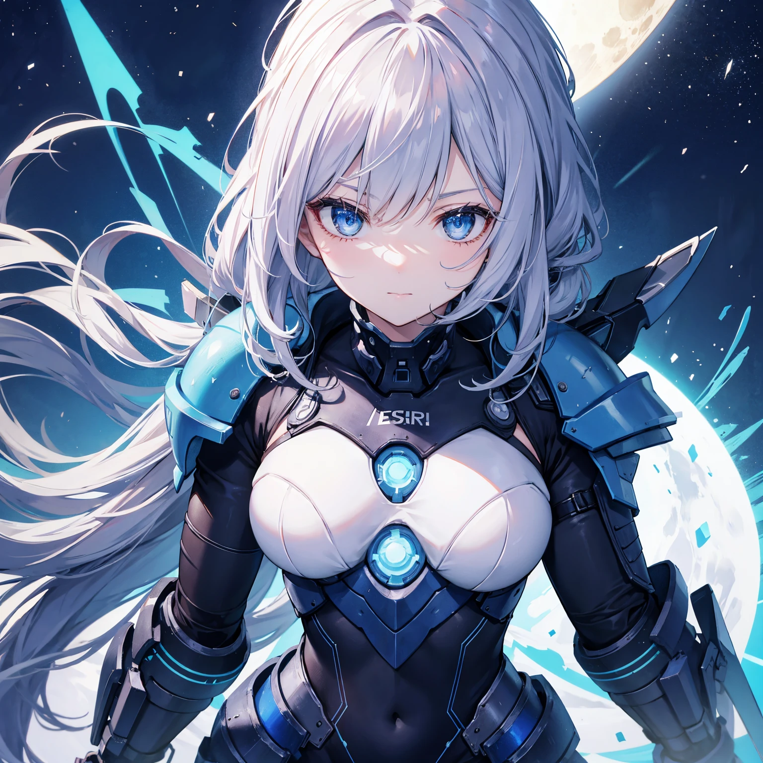 8k, highest quality, (real:1.4), Original photo, 1 girl, Asari Hair, Biological Amplifier, refined armor, posture: Peace talks between warring factions, smart blue eyes,Big moon in the background
