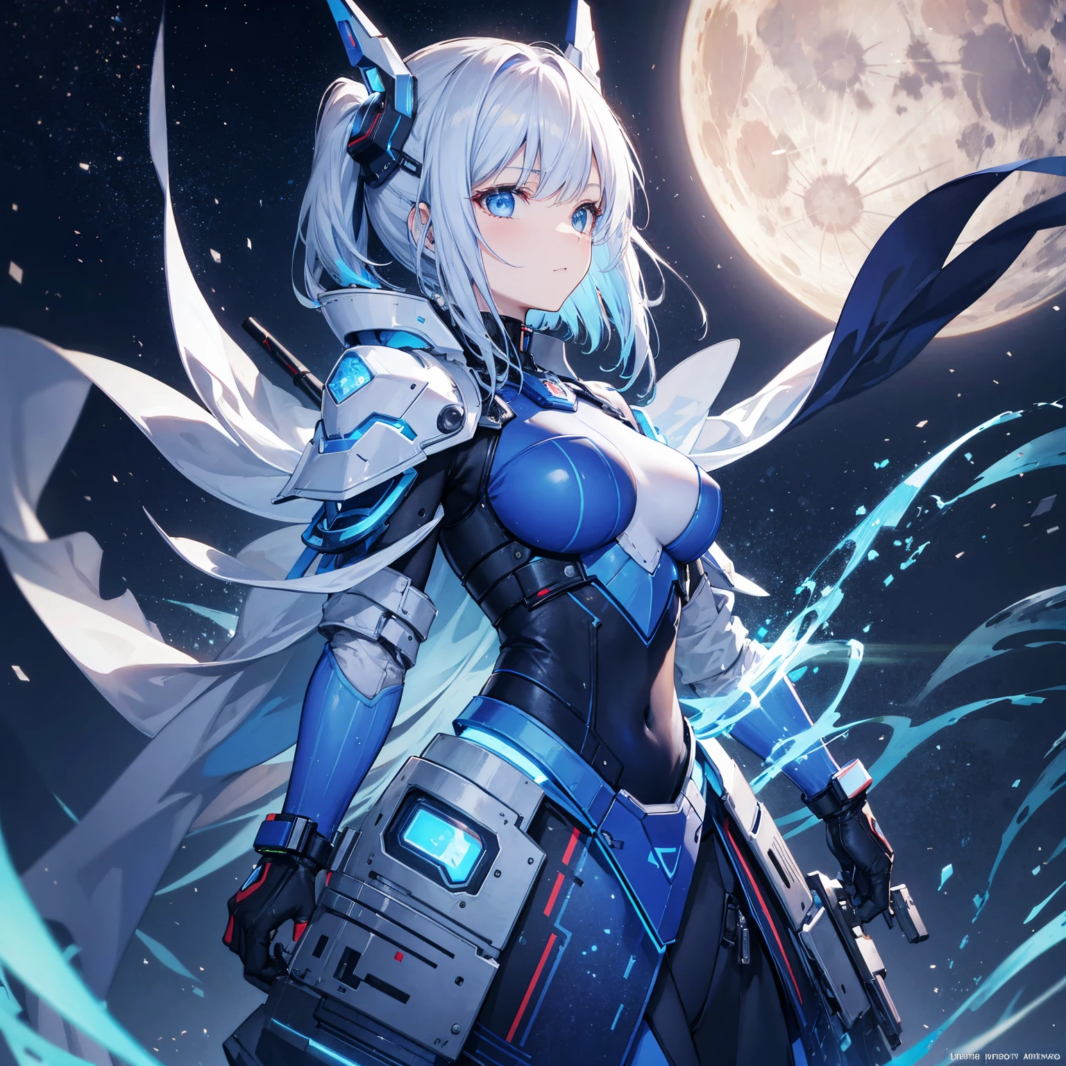 8k, highest quality, (real:1.4), Original photo, 1 girl, Asari Hair, Biological Amplifier, refined armor, posture: Peace talks between warring factions, smart blue eyes,Big moon in the background
