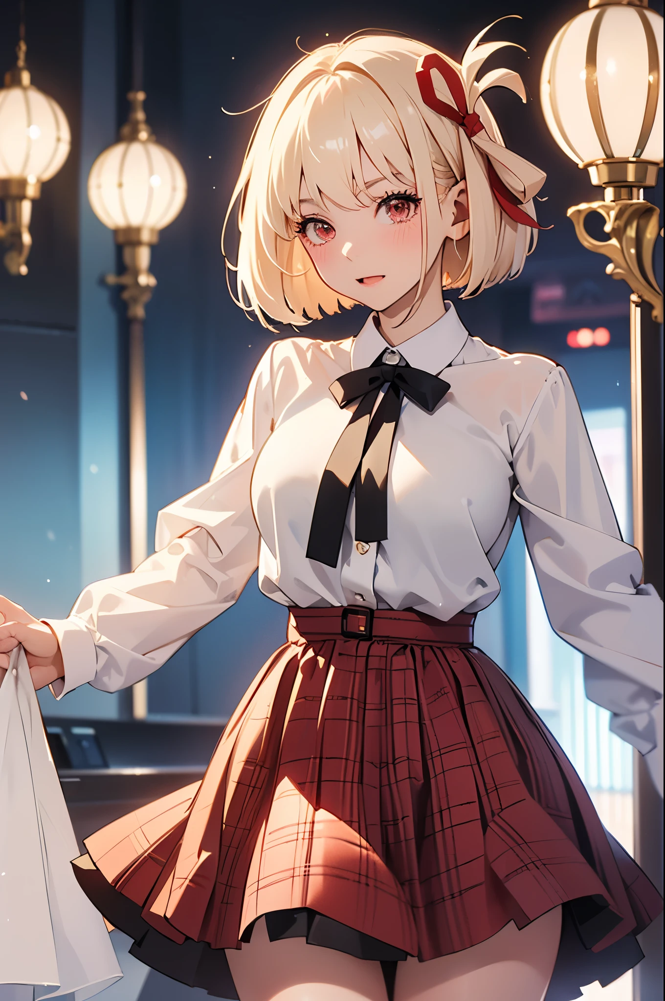 ​masterpiece, Best Quality, ((blushing)), from front, looking at viewer, ((large breasts)), 8k, nishikigi chisato, red ribbon, Platinum Blonde Hair, Anime girl with red eyes, bob cuts, Anime visuals of cute girls, Smooth Anime, an anime girl, hi-school girl, Plaid uniform, long-sleeve, Plaid Dresses, Cowboy Shot, (topless), ((nsfw)), ((Pussy)), nude, hotel, hotel room, hotel lobby, hotel resturant, (Skirt Lift), Imagens 3d,