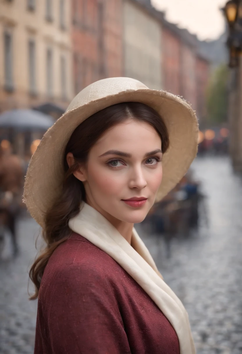 a 50 year old woman, classical and enigmatic beauty, elegant hat, silk scarf, walking on a cobblestone street in the rain, (best quality,4k,8k,highres,masterpiece:1.2),ultra-detailed,(realistic,photorealistic,photo-realistic:1.37),HDR,UHD,studio lighting,ultra-fine painting,sharp focus,physically-based rendering,extreme detail description,professional,vivid colors,bokeh,portrait,dramatic lighting,moody,cinematic,atmospheric