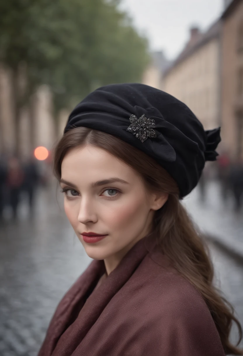 a 50 year old woman, classical and enigmatic beauty, elegant hat, silk scarf, walking on a cobblestone street in the rain, (best quality,4k,8k,highres,masterpiece:1.2),ultra-detailed,(realistic,photorealistic,photo-realistic:1.37),HDR,UHD,studio lighting,ultra-fine painting,sharp focus,physically-based rendering,extreme detail description,professional,vivid colors,bokeh,portrait,dramatic lighting,moody,cinematic,atmospheric