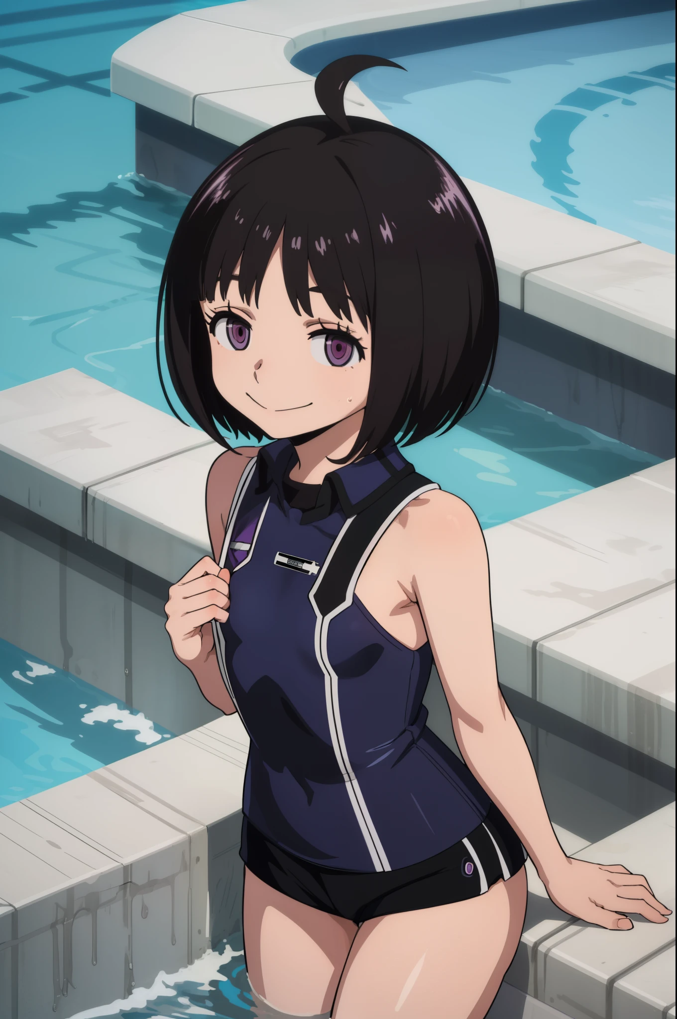 (masterpiece, best quality;1.3), extremely detailed , takagi1, pov, 1girl,   looking at viewer, black hair, short hair, purple eyes, swimming,
 blue frilled swimsuits, smile, emblem, short black shorts, from above, ahoge, pool