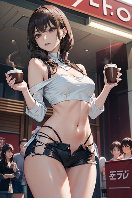 (masterpiece, Best Quality, ultra-detailed, high resolution, extremely detailed CG, official art, Professional Lighting, Perfect Anatomy, anime colors), (from below), looking at viewer, cowboy shot, perfect body, 24yo beautiful 1girl, medium hips, glamorous body,a small face,beautiful-makeup,Makeup light,Shortcut Hair,dark brown hair、Bust b Cup, Amazing Cleavage, thin waist, big ass, Raised sexy, big breast: 1.2 posed cleavage:1.2, (off shoulders,Sportsbra,legginullnude), micro denim shorts, bare legs, nail_polish, pale skin, Waiting friend, (morning:1.5), tokyo, (convenience store:1.3), outdoor, (depth of field:1.3), contrapposto, (Hold a coffee in your hand:1.3),delicate beautiful face, Bright magenta eyes, cute eyes, sparkling eyes, Big eyes, (big breasts:1.3), (perky chest:1.1), (pointed chest:1.3), looking at viewer,