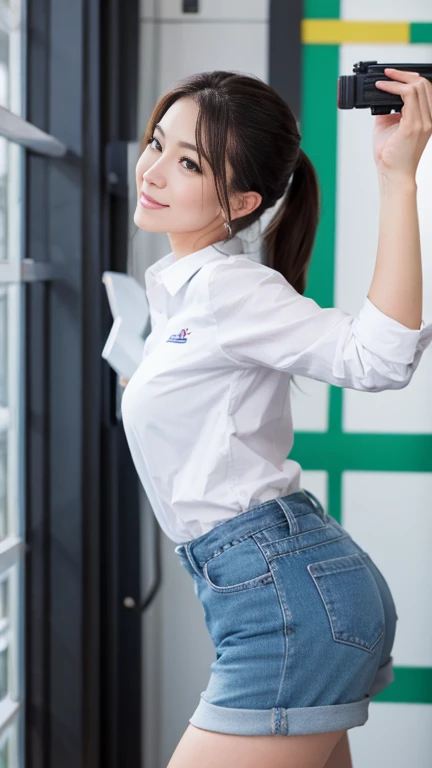 company employee、(body turned to the side、Shooting from the side、Look to the side,Shooting from the side:1.6),I haven&#39;t seen this、(General shirt、Wearing a white blouse、Wearing a typical business suit),(Her blouse is slightly open.,Only the fourth button is open、Button closed、Her breasts visible through the gap between the buttons、The edge of the bra is visible through the gap between the buttons..:1.5),Center of chest、thin、ponytail、Black Hair、beauty、23 years old、cute、smile、(Long shirt:1.8),Tucking the shirt into the skirt、Cleavage