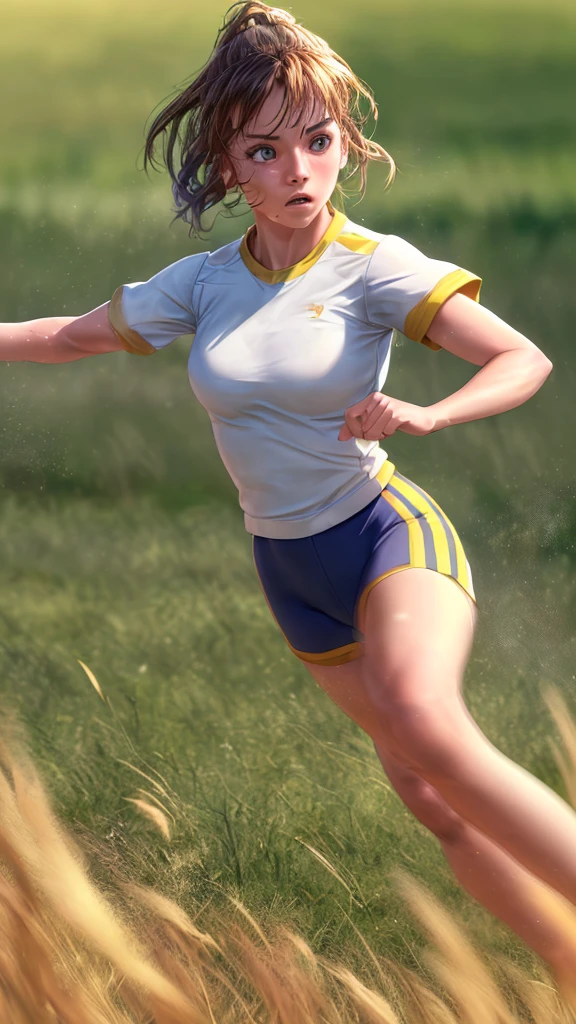 a girl running in a field, athletic outfit, sports, (best quality,4k,8k,highres,masterpiece:1.2),ultra-detailed,(realistic,photorealistic,photo-realistic:1.37),HDR,UHD,studio lighting,ultra-fine painting,sharp focus,physically-based rendering,extreme detail description,professional,vivid colors,bokeh,landscape,dynamic pose,motion blur,sunlight,golden hour