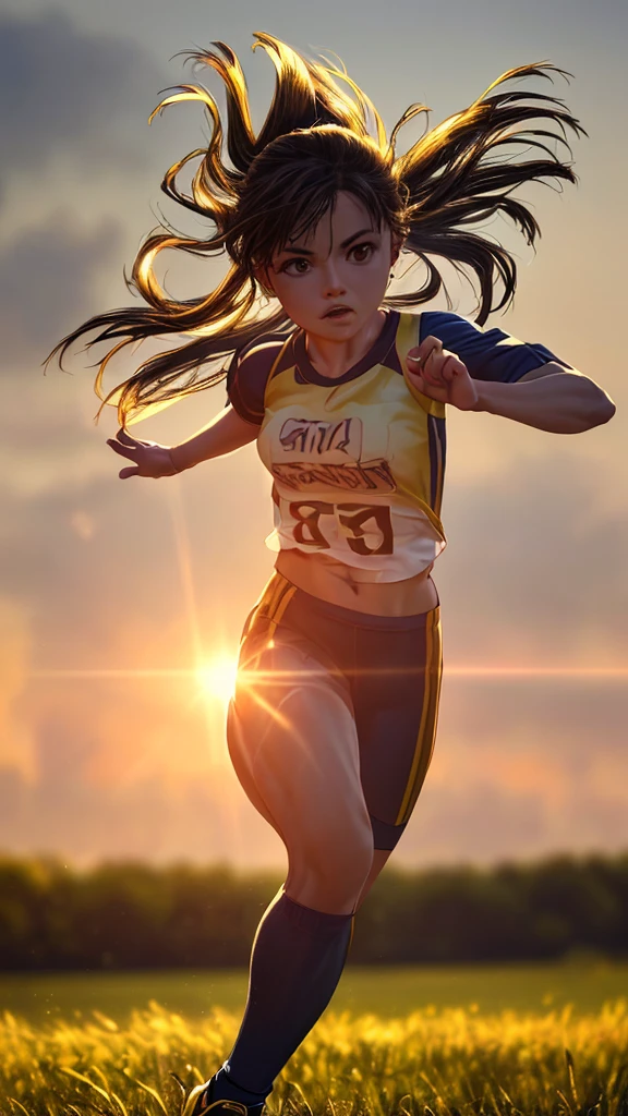 a girl running in a field, athletic outfit, sports, (best quality,4k,8k,highres,masterpiece:1.2),ultra-detailed,(realistic,photorealistic,photo-realistic:1.37),HDR,UHD,studio lighting,ultra-fine painting,sharp focus,physically-based rendering,extreme detail description,professional,vivid colors,bokeh,landscape,dynamic pose,motion blur,sunlight,golden hour
