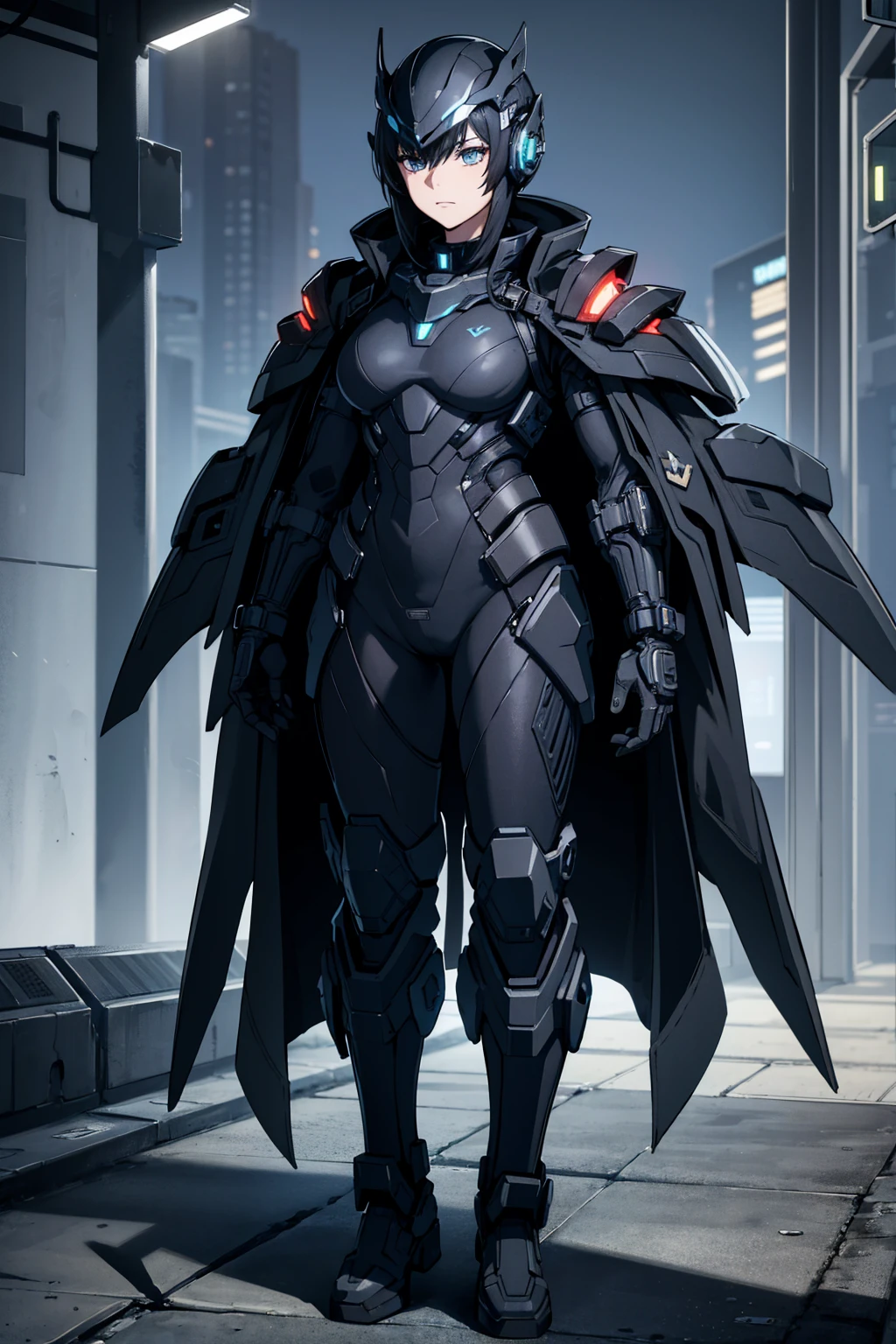 A teenager wearing black High-Tech suit black jacket High-tech tactical helmet sci-fi city full-body shot Hero character design