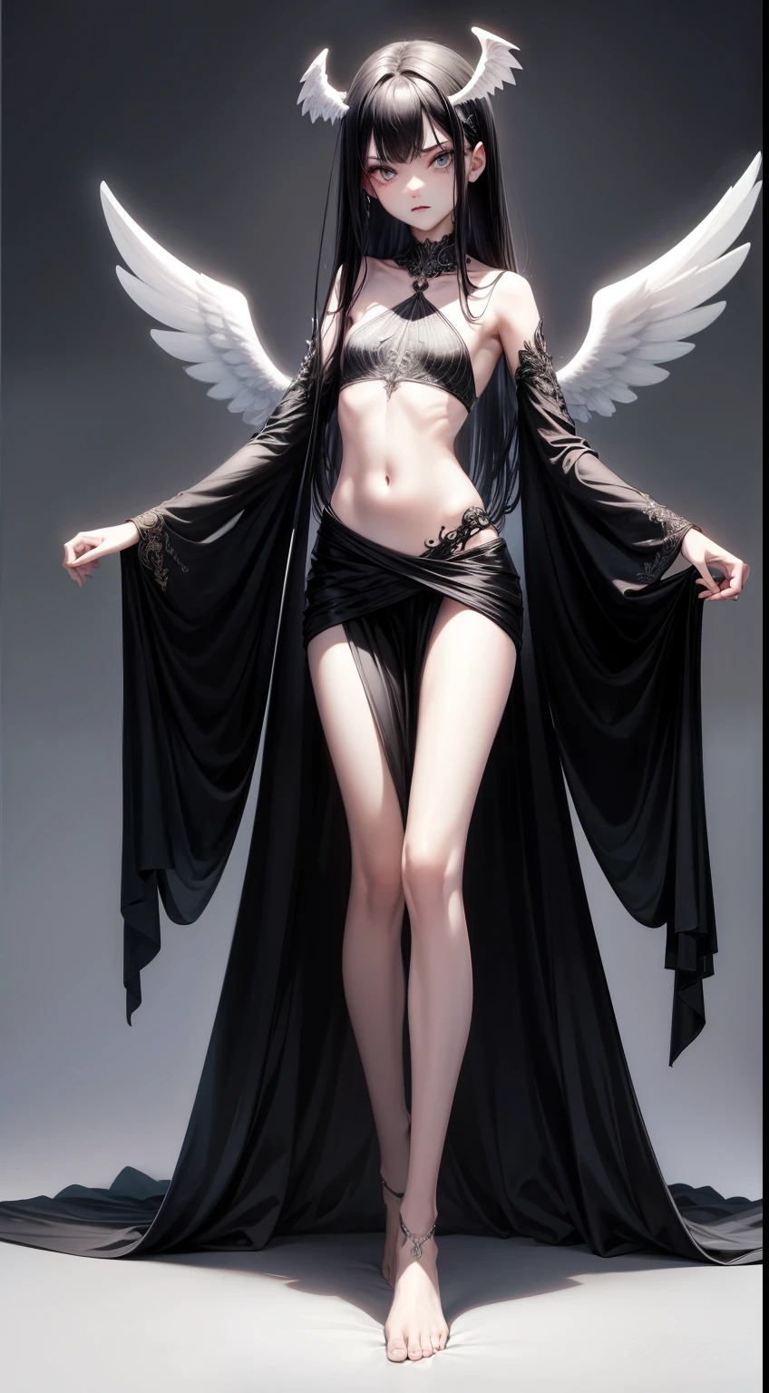 ((best quality)), ((masterpiece)), (detailed), perfect face, Character design, female, long black hair, wearing a black angelic dress with silver details, white eyes, small frame, very skinny, detailed, best quality, no accesoires around the neck, no shoes, prominent collarbones, skinny arms, flat stomach, visible hip bones, full body, fangs, pale skin, angelic, small waist