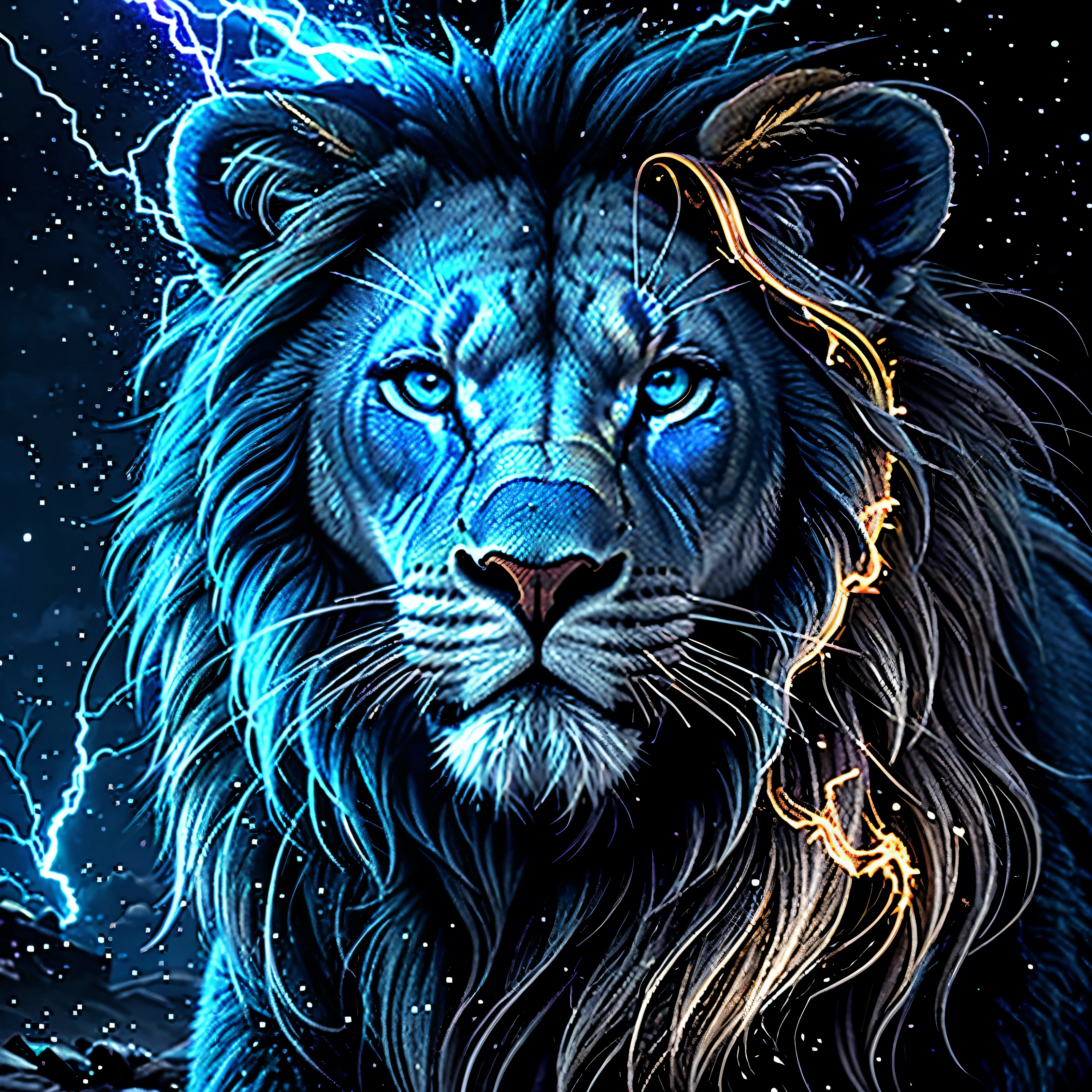 Lion, Divine Lion, naturais, Blue Thunder, Realistic Lion, King, Detailed Realistic, Detailed Realistic 16K, Eletricidade Detalhada 8K, texturas Realistas 8K, Cores Fotorrealista 8K, Blue Fire, Detailed Realistic Fire Bolt, Black and Blue Power, Power Thunder, Divine Realistic, Natureza, Linda, Rendering, Fotorrealista, UltraHigh definition, 4K, texturasdetalhadas, thunder, sombras detalhadas, cores detalhadas, Azul Neon, Blue Light, Raios, Blue power, Natureza Linda, Grande Divino, Blue Light, Blue Thunders, Coroa Rei, Thunder Bolt, Bolt eletric Power, Detailed Realistic Black and Blue Lights, Detailed Realistic Lion 16K, Detailed Realistic Fire Power, Detailed Realistic Divine Lion, Detailed Realistic Face 8K, Nitidez Ultra Realista 16K, Texturas Ultra Detalhadas 8K, Natural Detailed Realistic 8K, Night, Night Sky, contraste detalhado, Contraste realista, high resolution, cores detalhadas, fogo, eletricidade, divina criatura, 8k, Realista detalhado, 16K, 8k, High definition, contraste detalhado, Contraste realista, high resolution, cores detalhadas, fogo, eletricidade, divina criatura, 8k, Realista detalhado, elegante,