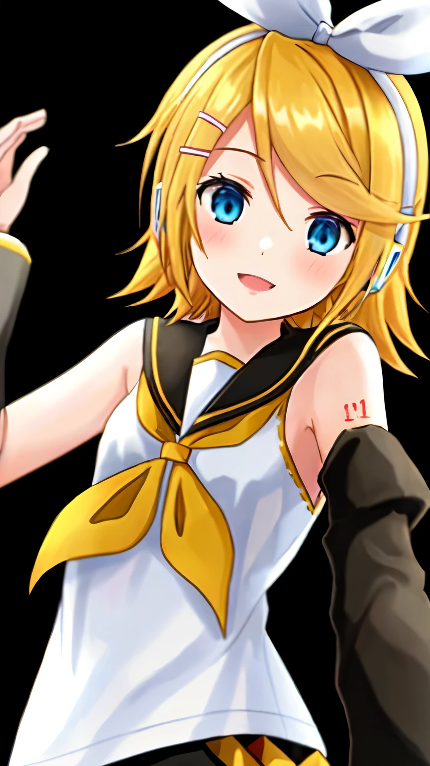 one girl Kagamine Rin, blue eyes, sailor collar, head set, black sleeve, off shoulder, close to girl, happily