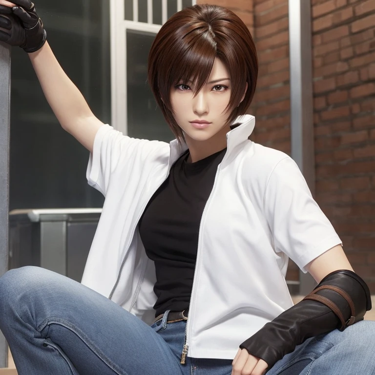 Kusanagi Kyo, Sukyo, KOF2002 2002, The King of Fighters 2002, Kusanagi Kyo 2002, White jacket, Black T-shirt, Cross T-shirt, jeans, Fingerless gloves, Brown Hair