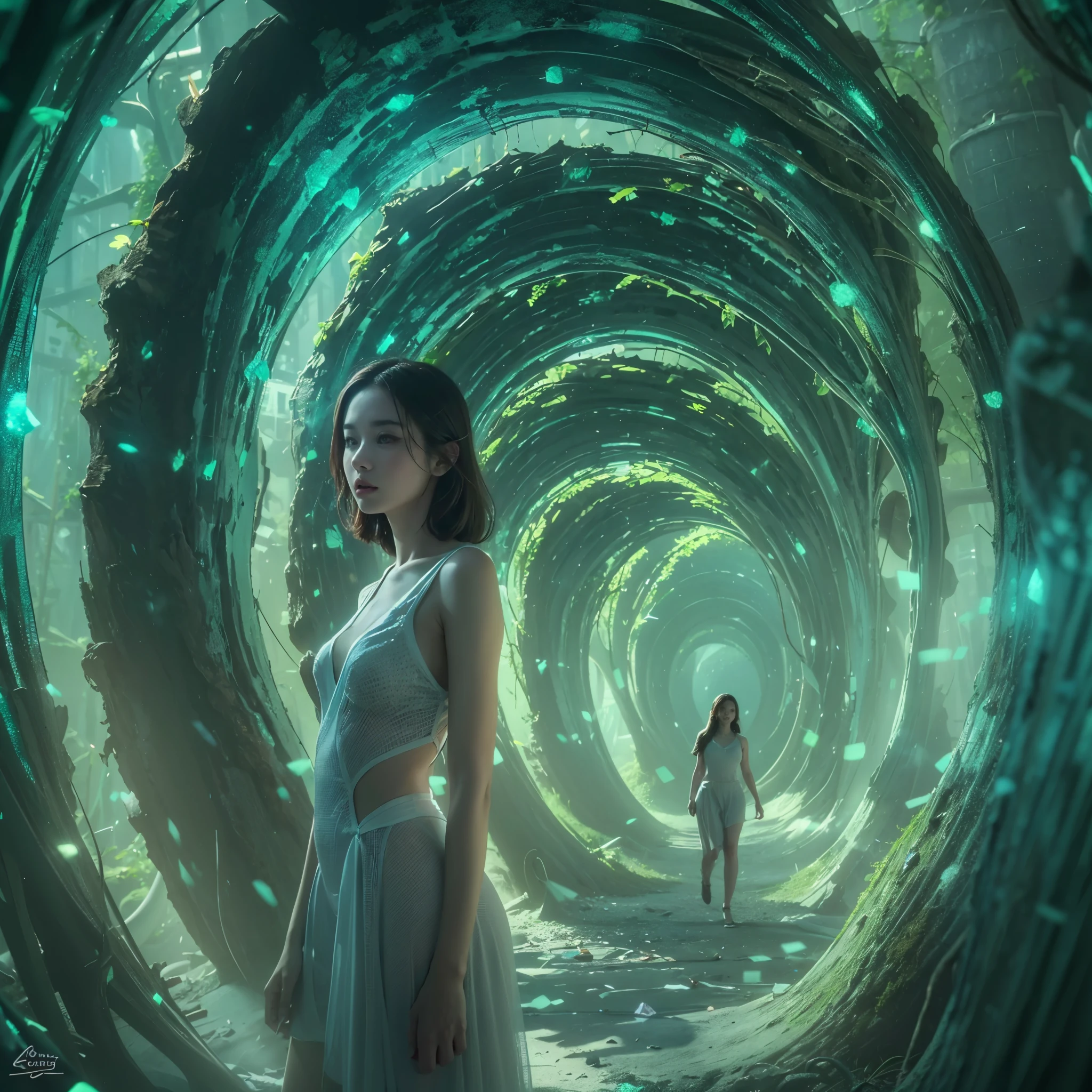 Best quality，masterpiece，16k,Artistic，In the curved tunnel，A tunnel surrounded by many crystals，Futuristic，Fantasy Tunnel，Complex structure，1girl，Dynamic poses，Looking at the camera，Girl being chased by monster
