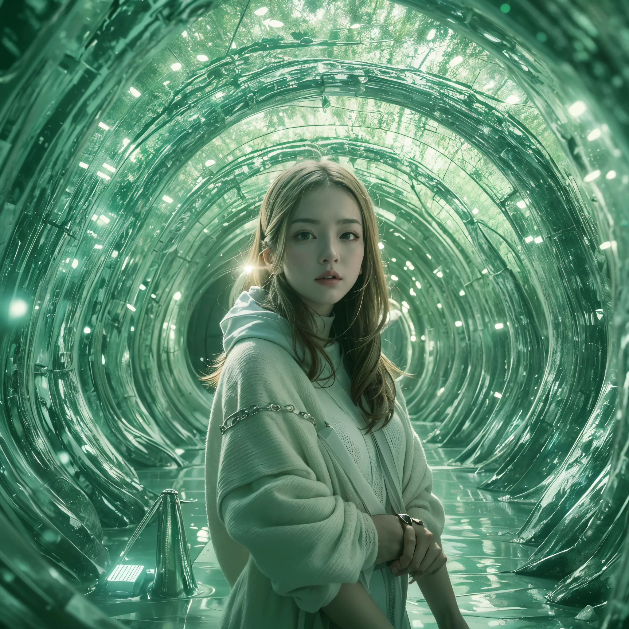 Best quality，masterpiece，16k,Artistic，In the curved tunnel，A tunnel surrounded by many crystals，Futuristic，Fantasy Tunnel，Complex structure，1girl，Dynamic poses，Looking at the camera，Girl being chased by monster