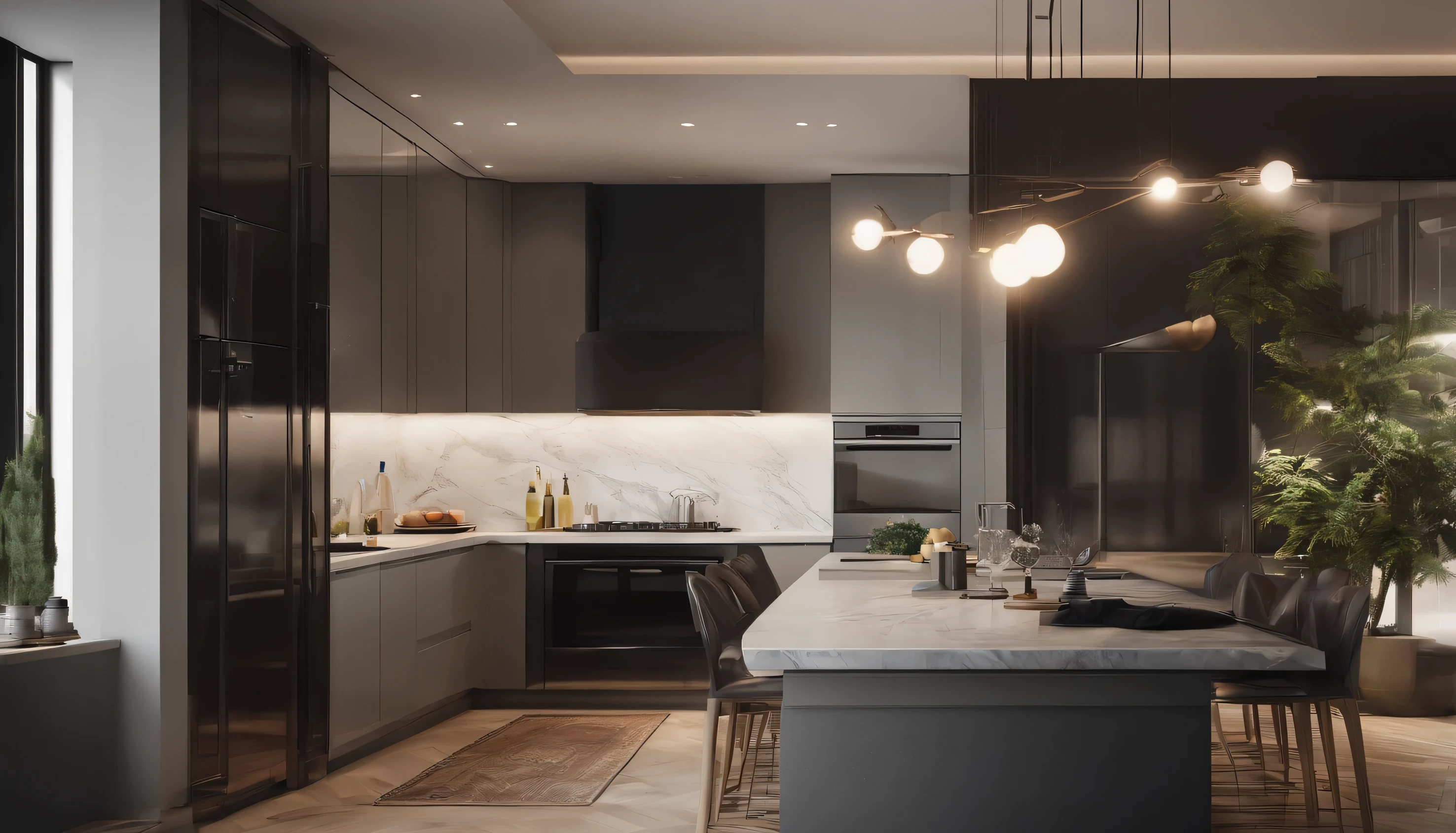 "Describe a highly detailed and precise drawing of a luxurious kitchen scene, set against a 16k resolution background. The walls, curtains, and floor are all white, with a beautiful 8K resolution sunset scenery painted on the wall. The atmosphere is natural and urban, with a single ornate plant standing upright. Above the kitchen counter, a stylish standing lamp is showcased. The subject is set in a modern high-rise apartment with a breathtaking city view. Please provide a vivid and accurate description of this scene." This modified prompt aims to: 1. Clearly specify the precise level of detail required (16k resolution). 2. Define the style and atmosphere of the scene (natural and urban). 3. Elaborate on the specific design elements (white walls, curtains, floor, sunset scenery, standing lamp, etc.). 4. Provide context for the scene (luxurious kitchen, modern high-rise apartment, city view). 