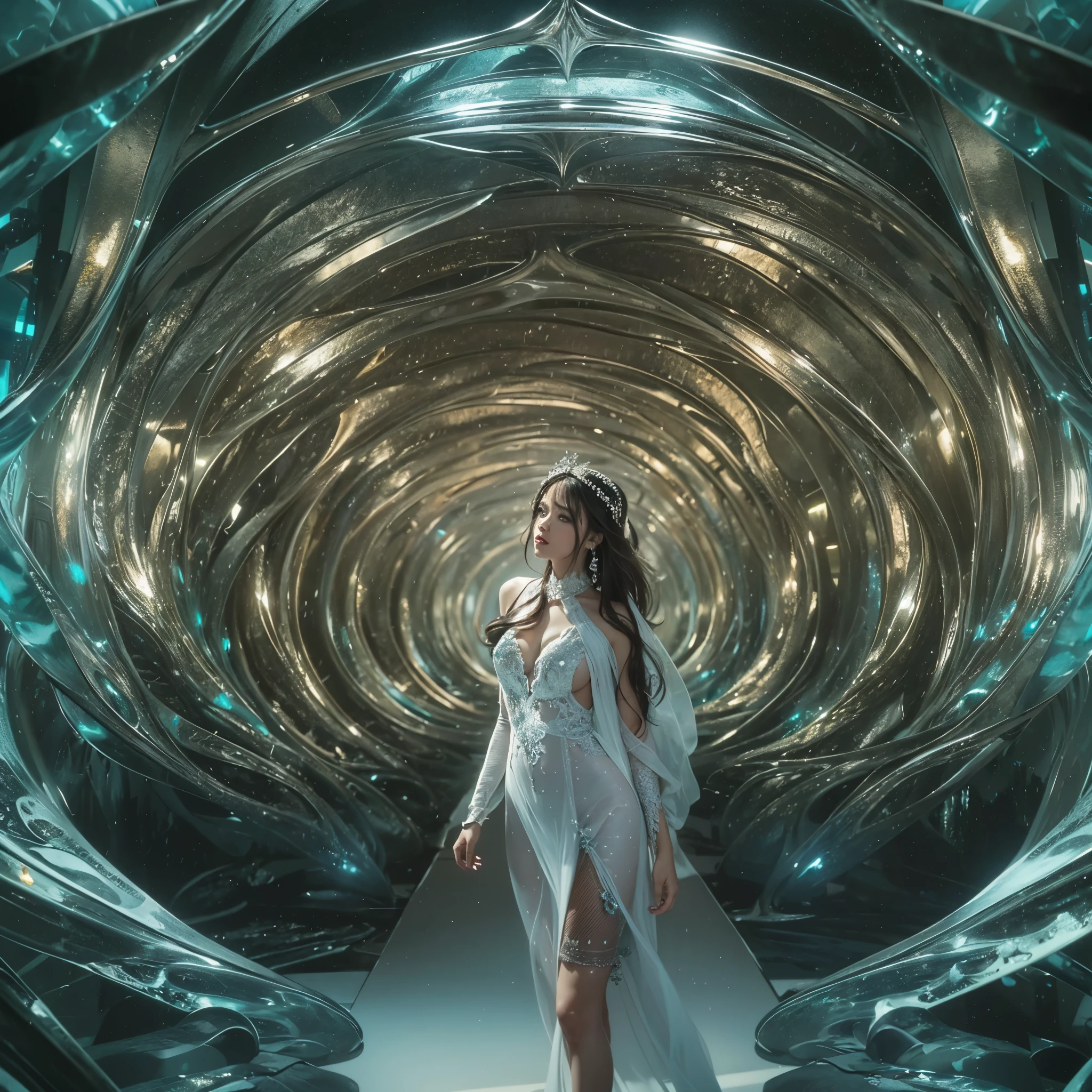 Best quality,masterpiece,16k,Artistic,In the curved tunnel,A tunnel surrounded by many crystals,Futuristic,Fantasy Tunnel,Complex structure,1girl,Dynamic poses,Looking at the camera,Girl being chased by monster