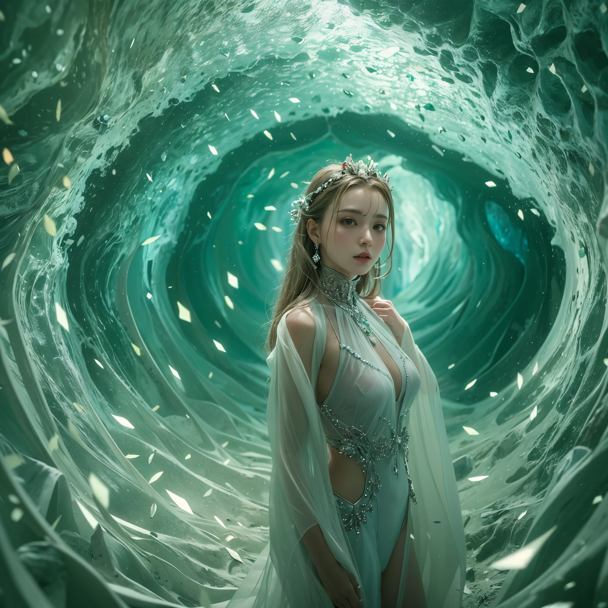 Best quality,masterpiece,16k,Artistic,In the curved tunnel,A tunnel surrounded by many crystals,Futuristic,Fantasy Tunnel,Complex structure,1girl,Dynamic poses,Looking at the camera,Girl being chased by monster