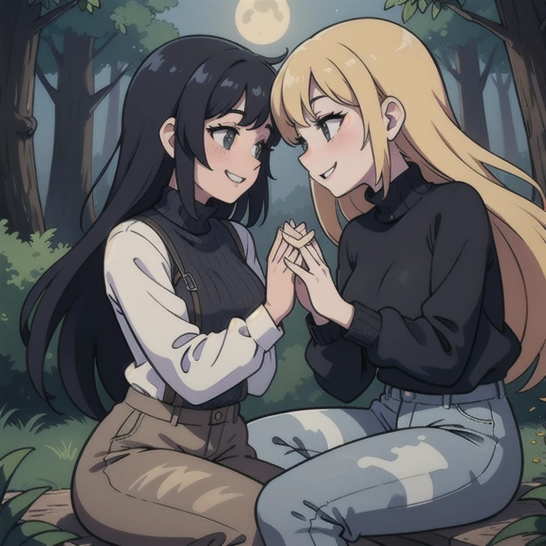  Lesbian girls in black sweaters, gray camouflage pants, smiling and looking at each other seductively, forest at night, 