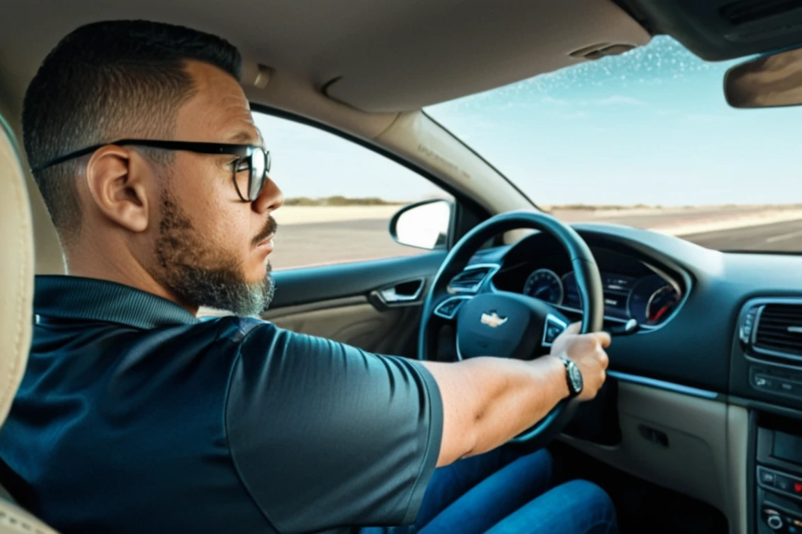 A hyper-realistic RAW portrait of a man with glasses and a short black military-style haircut. He has a neatly trimmed beard and is wearing a polo shirt and jeans. The man is seated inside a car with his hands on the steering wheel, looking directly at the viewer. The image is captured from a side view, showcasing the interior of the car with intricate details such as the dashboard, steering wheel, and car seats. The lighting is natural, emphasizing the textures of the man's skin, clothing, and the car's interior. The overall composition focuses on the man's attentive expression, creating a professional and realistic photographic effect. Render the scene in UHD, 8K resolution for ultra-realistic details and textures.,gutto2024abr