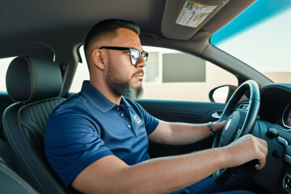 A hyper-realistic RAW portrait of a man with glasses and a short black military-style haircut. He has a neatly trimmed beard and is wearing a polo shirt and jeans. The man is seated inside a car with his hands on the steering wheel, looking directly at the viewer. The image is captured from a side view, showcasing the interior of the car with intricate details such as the dashboard, steering wheel, and car seats. The lighting is natural, emphasizing the textures of the man's skin, clothing, and the car's interior. The overall composition focuses on the man's attentive expression, creating a professional and realistic photographic effect. Render the scene in UHD, 8K resolution for ultra-realistic details and textures.,gutto2024abr