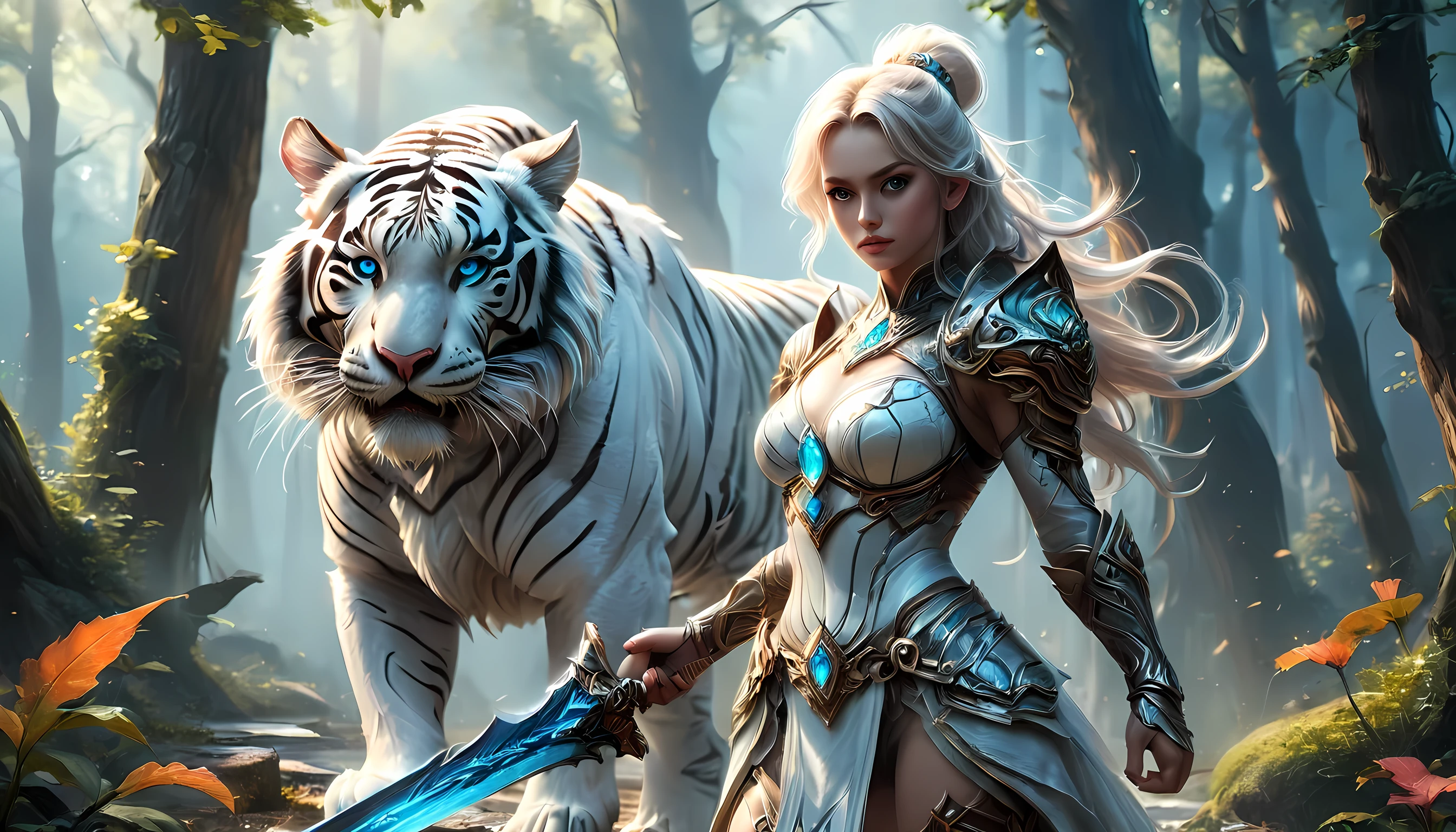 high details, best quality, 16k, [Ultra detailed], masterpiece,  best quality, (extremely detailed), dynamic angle, ultra wide shot, RAW, photorealistic, fantasy art, RPG art, realistic art, a wide angle picture of an epic female elf ranger and her pet (white tiger: 1.3),  warrior of nature, fighter of nature, full body, [[anatomically correct]] full body (intricate details, Masterpiece, best quality: 1.5) talking to an epic ((white tiger: 1.5)) (intricate details, Masterpiece, best quality: 1.6) armed with an epic magical sword  (intricate details, Masterpiece, best quality: 1.5) epic magical sword Wielding sword, glowing in blue light , in dark forest ( intricate details, Masterpiece, best quality: 1.4), a female beautiful epic drow wearing leather armor (intricate details, Masterpiece, best quality: 1.5), leather boots, thick hair, long hair, red hair, pale skin intense eyes, forest  background (intense details), moon light, stars light, clouds (intricate details, Masterpiece, best quality: 1.5), dynamic angle, (intricate details, Masterpiece, best quality: 1.3), high details, best quality, highres, ultra wide angle, ladyshadow, 