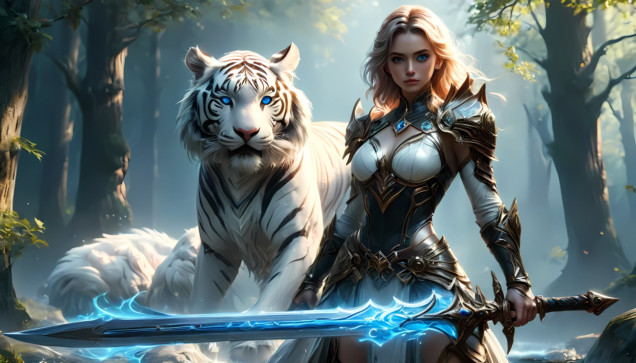 high details, best quality, 16k, [Ultra detailed], masterpiece,  best quality, (extremely detailed), dynamic angle, ultra wide shot, RAW, photorealistic, fantasy art, RPG art, realistic art, a wide angle picture of an epic female elf ranger and her pet (white tiger: 1.3),  warrior of nature, fighter of nature, full body, [[anatomically correct]] full body (intricate details, Masterpiece, best quality: 1.5) talking to an epic ((white tiger: 1.5)) (intricate details, Masterpiece, best quality: 1.6) armed with an epic magical sword  (intricate details, Masterpiece, best quality: 1.5) epic magical sword Wielding sword, glowing in blue light , in dark forest ( intricate details, Masterpiece, best quality: 1.4), a female beautiful epic drow wearing leather armor (intricate details, Masterpiece, best quality: 1.5), leather boots, thick hair, long hair, red hair, pale skin intense eyes, forest  background (intense details), moon light, stars light, clouds (intricate details, Masterpiece, best quality: 1.5), dynamic angle, (intricate details, Masterpiece, best quality: 1.3), high details, best quality, highres, ultra wide angle, ladyshadow, 