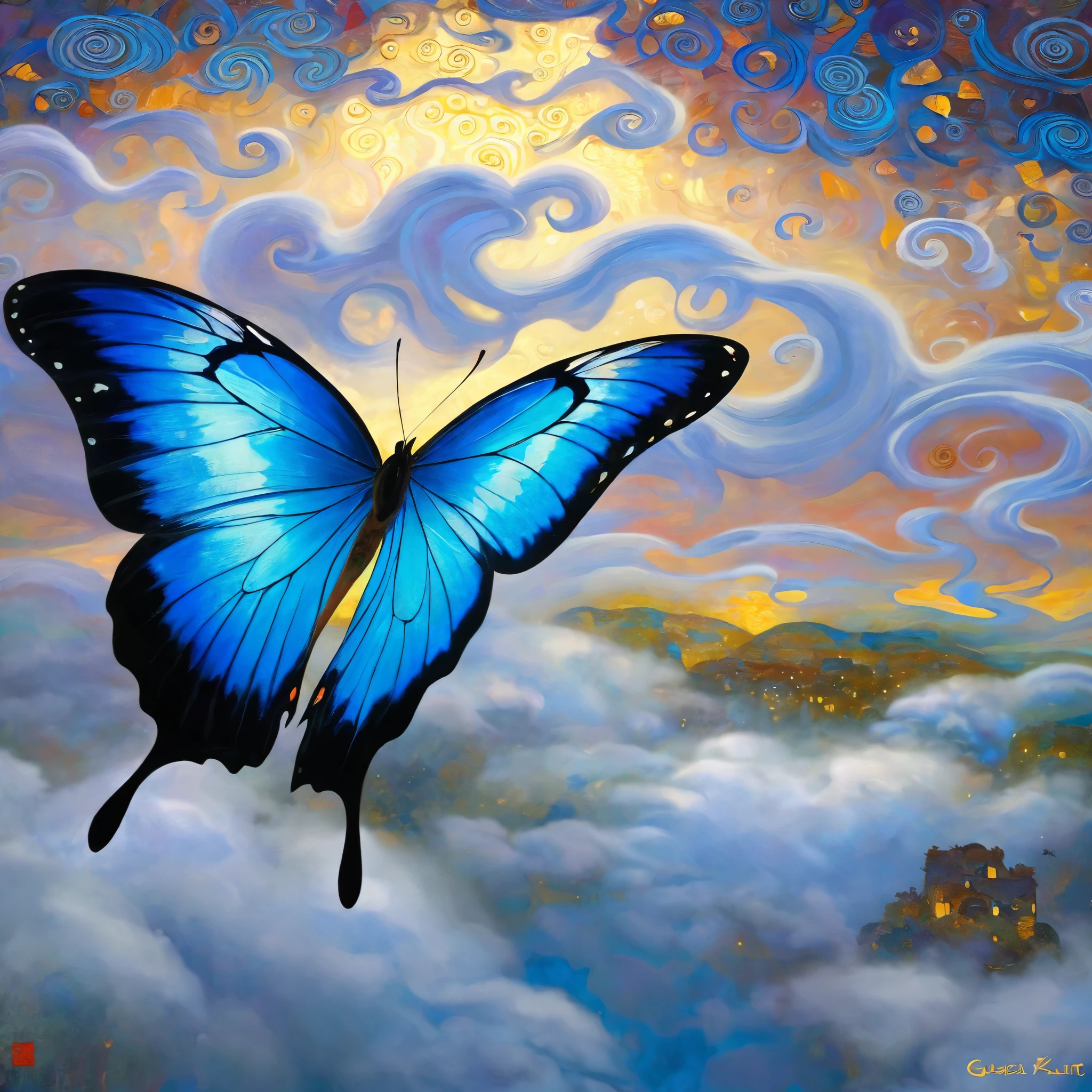 Blue Butterfly, Flying in the clouds, epic , Otherworldly ,Astonishing ,Clever use of light and shadow,Add depth and drama to a scene., Bringing the audience into an elegant narrative. This masterpiece, Created by the famous painter Gustav Klimt, Delve deep into the realms of fantasy and mythology, Inviting viewers to explore the complexity of beauty, strength,