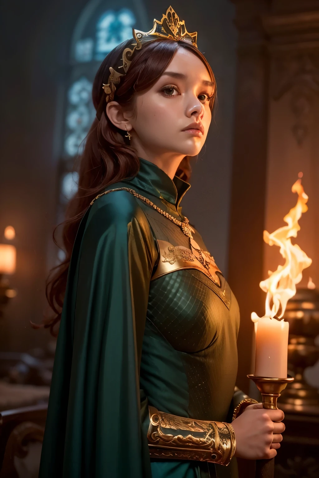 (((Cinematic heavy metal poster))) of Alicent Hightower wearing a elegant medieval green dress, Tiara on the head , 40yo, Gothic style,  (a detailed RAW photo of a ), (master part:1.0), (best quality:1.4), (Ultra Highres:1.2), (photorealistic:1.4), 8K resolution, Canon EOS R5, 50 millimeters, Absurd, Ultra Detailed, sharp focus, Cinematic lighting, detailed face,  (ULZZANG-6500-V1.1), detailed skin texture, pale skin, chest round, (pale :0.5), Cinematic lighting. (((Abstract flames background, cinematic lighting )))