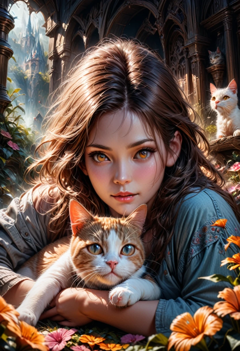 Girl with Cat, a beautiful girl with a cat, girl with a cute cat, girl petting a cat, girl in a flowery meadow with a cat, girl in a dreamy landscape with a cat, girl in a fantasy forest with a cat, photorealistic portrait of a girl and her cat, highly detailed digital painting of a girl and her feline companion, girl cuddling a cat in a serene natural setting, girl playing with a cat in a whimsical outdoor scene, (best quality,4k,8k,highres,masterpiece:1.2),ultra-detailed,(realistic,photorealistic,photo-realistic:1.37),vivid colors,intricate details,natural lighting,warm color palette,soft focus,beautiful detailed eyes,beautiful detailed lips,extremely detailed eyes and face,longeyelashes,1girl,cat,flower field,fantasy landscape,vibrant colors,depth of field,cinematic lighting