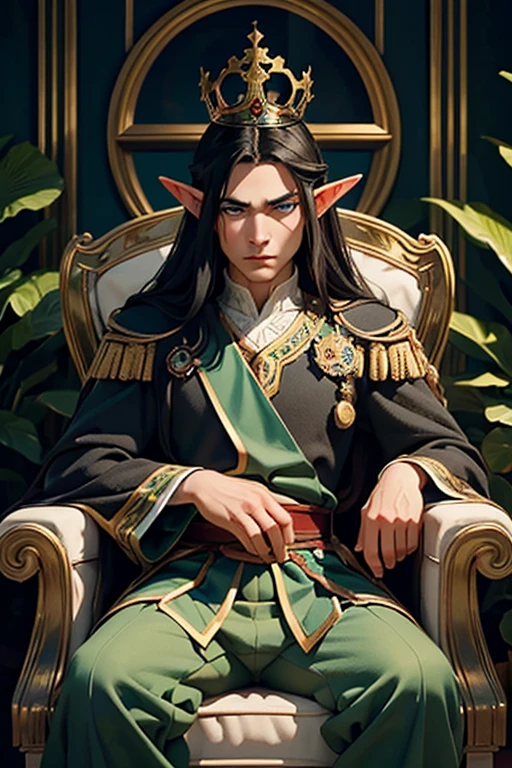 Work of art, best quality, 1 male elf, 1 man, long black hair, royal crown on head, (Elf King), blue eyes, strong and imposing, looking at the viewer, look of disapproval, royal hall, Alone, 25 years old elf wearing king's attire, sitting in an armchair, quite nervous, expressive scene