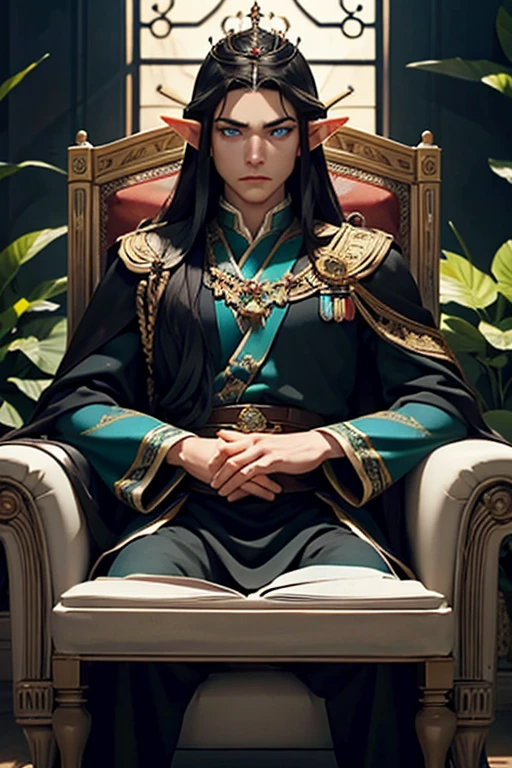 Work of art, best quality, 1 male elf, 1 man, long black hair, royal crown on head, (Elf King), blue eyes, strong and imposing, looking at the viewer, look of disapproval, royal hall, Alone, 25 years old elf wearing king's attire, sitting in an armchair, quite nervous, expressive scene