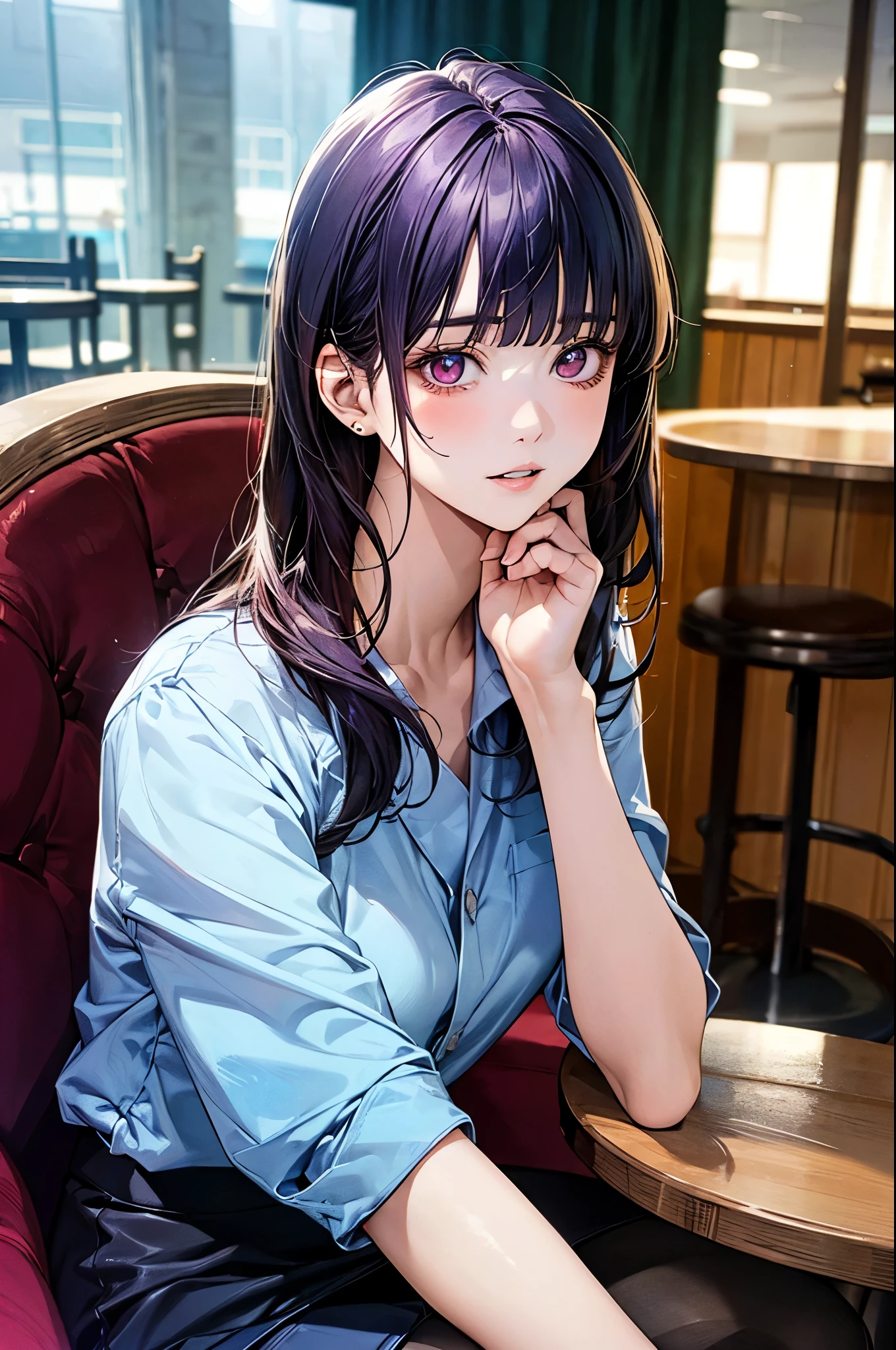 (masterpiece:1.2, top-quality), (realistic, photorealistic:1.4), beautiful illustration, (natural side lighting, movie lighting), surrealism,
looking at viewer, 1 girl, japanese, 22 years old, , perfect face, cute and symmetrical face, face, shiny skin,
(long hair:1.8, straight hair:1.7, hair intakes, purple hair), blunt bangs, maroon eyes, big eyes, slant eyes, long eye lasher, (medium breasts, thick thighs),
beautiful hair, beautiful face, beautiful detailed eyes, beautiful clavicle, beautiful body, beautiful chest, beautiful thigh, beautiful legs, beautiful fingers,
((navy tight skirt, light blue collared shirt), black pantyhose), clavicle,
(beautiful scenery), evening, (bar:1.3, sitting chair, table, drinking beer), , (drunken eyes, upper eyes, parted lips),