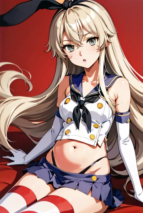 (masterpiece, highest quality), One girl, Scan Collection, Grey Eyes, hair band, Blonde Hair, serafuku, neckerchief, Crop top, gloves, elbow gloves, white gloves, belly button, Blue Skirt, Knee socks, Striped, Striped Knee socks