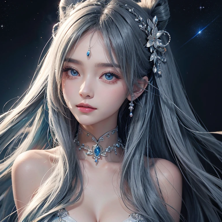 anime girl,cute,beautiful, Clear face,full face,long hair gray-blue,เส้นผมละเอียดbeautiful,big, sharp eyes,The eye lenses are a distinctive amber green color.,Silver glitter background,galactic light,smile a little,movie light,There are luxurious hair accessories.,There was glitter glittering on the face.,UHD,120k,Silver translucent silk dress,high definition,The images are very detailed.